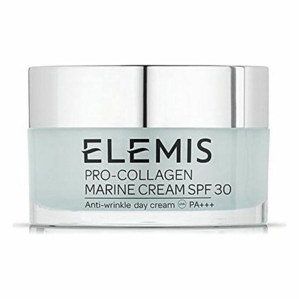 Elemis Pro-Collagen Marine Cream SPF 30. Creme-Glas mit silbernem Deckel. Text auf dem Glas.