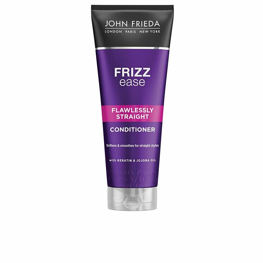 John Frieda Frizz Ease Conditioner Flawlessly Straight. Tube mit lila und rosa Etikett. Enthält Keratin und Jojobaöl.