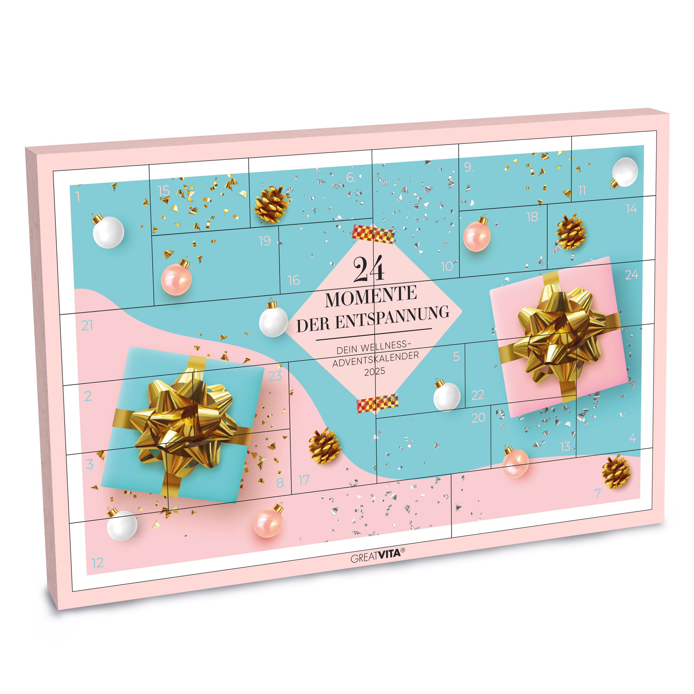 Adventskalender mit 24 Türchen, rosa Rahmen. Türkis-rosa Design mit Geschenkboxen, Kugeln und Tannenzapfen. Schriftzug: 24 Momente der Entspannung.