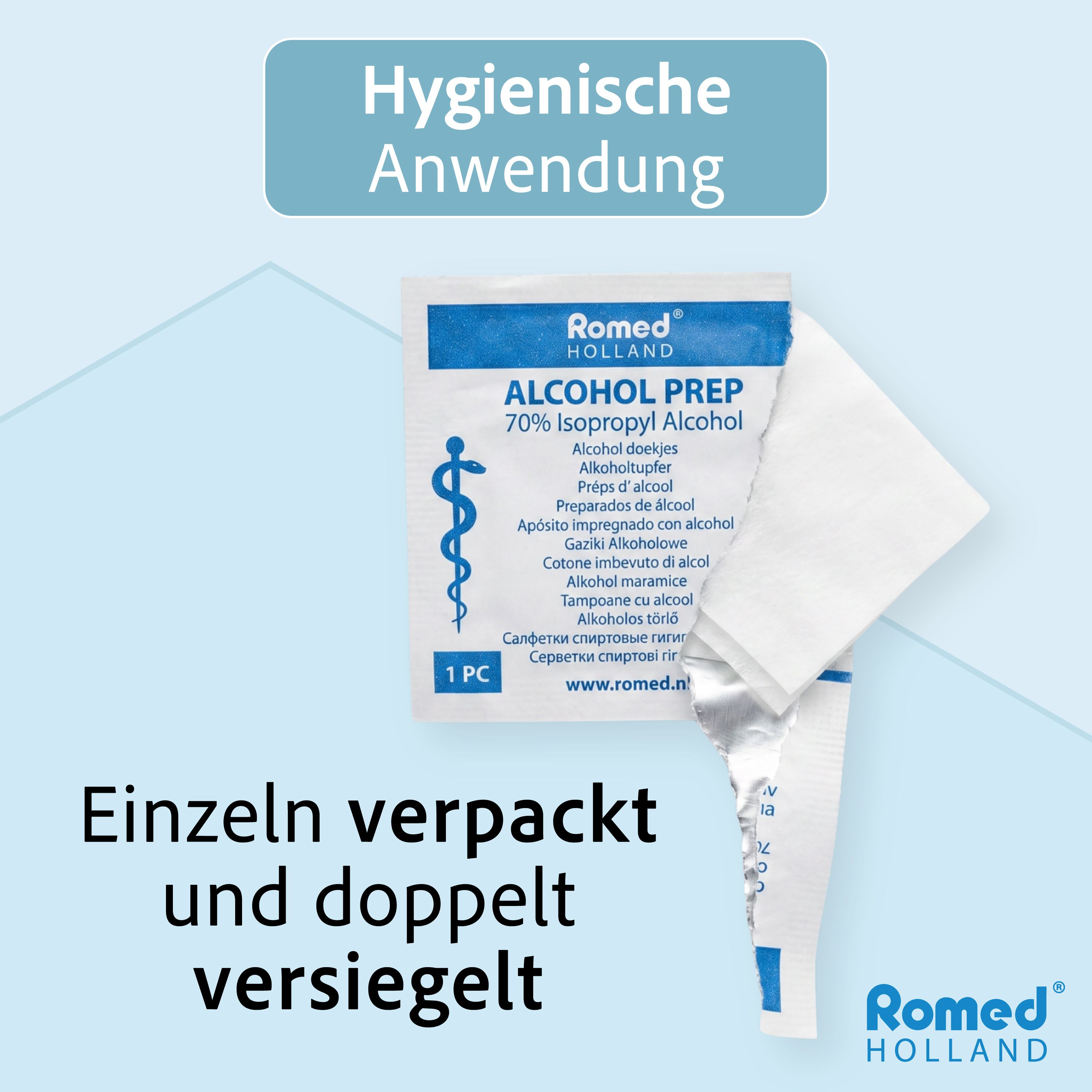 Romed Alkohol Tupfer einzeln verpackt und doppelt versiegelt für hygienische Anwendung.