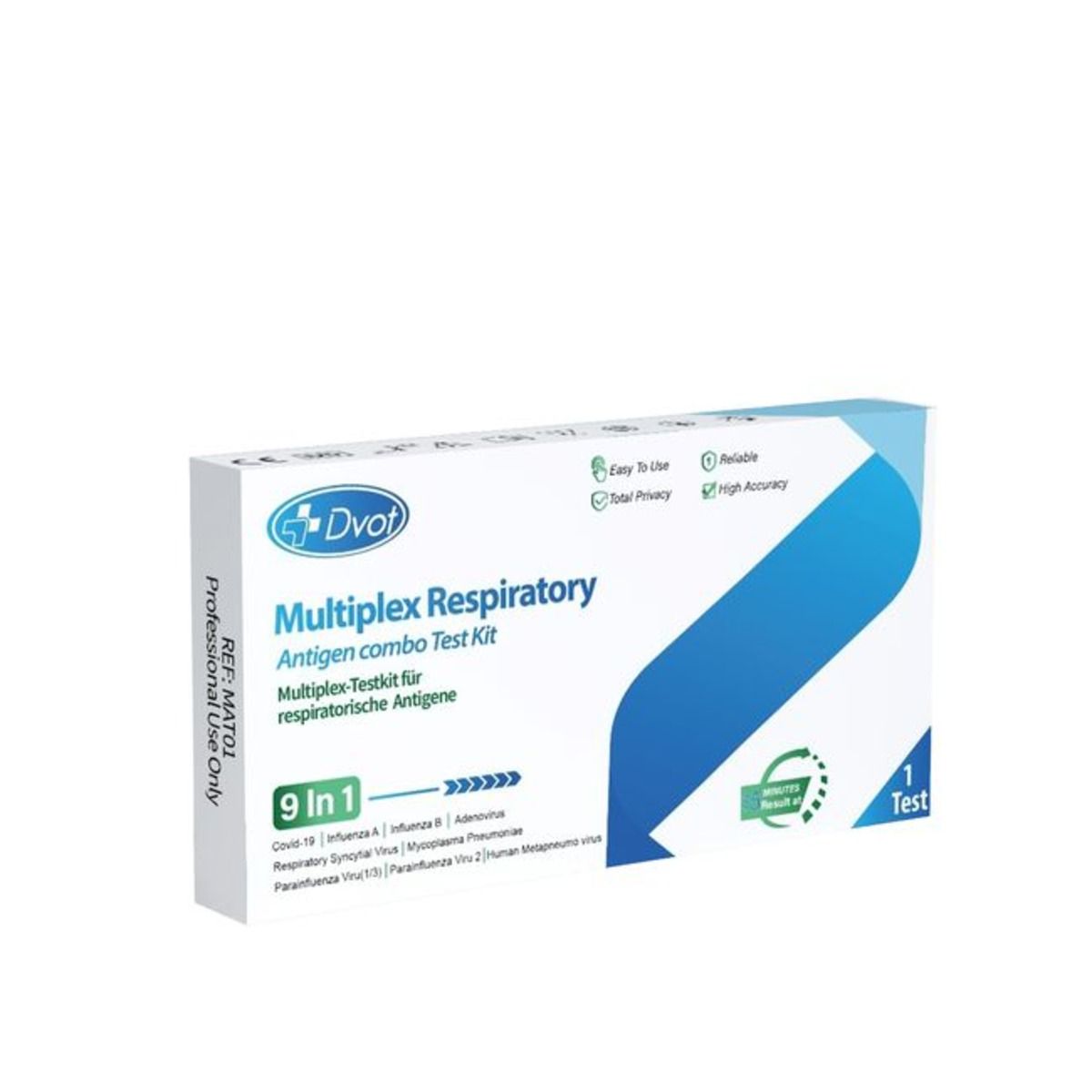 Die Dvot Multiplex-Testkit-Verpackung zeigt ein 9-in-1-Testkit für Atemwegsinfektionen. Die weiße Schachtel mit blauem Akzent trägt den Markennamen Dvot und die Bezeichnung "Multiplex Respiratory Antigen Combo Test Kit". Aufgeführt sind die zu testenden Viren. Die Packung enthält einen Test.