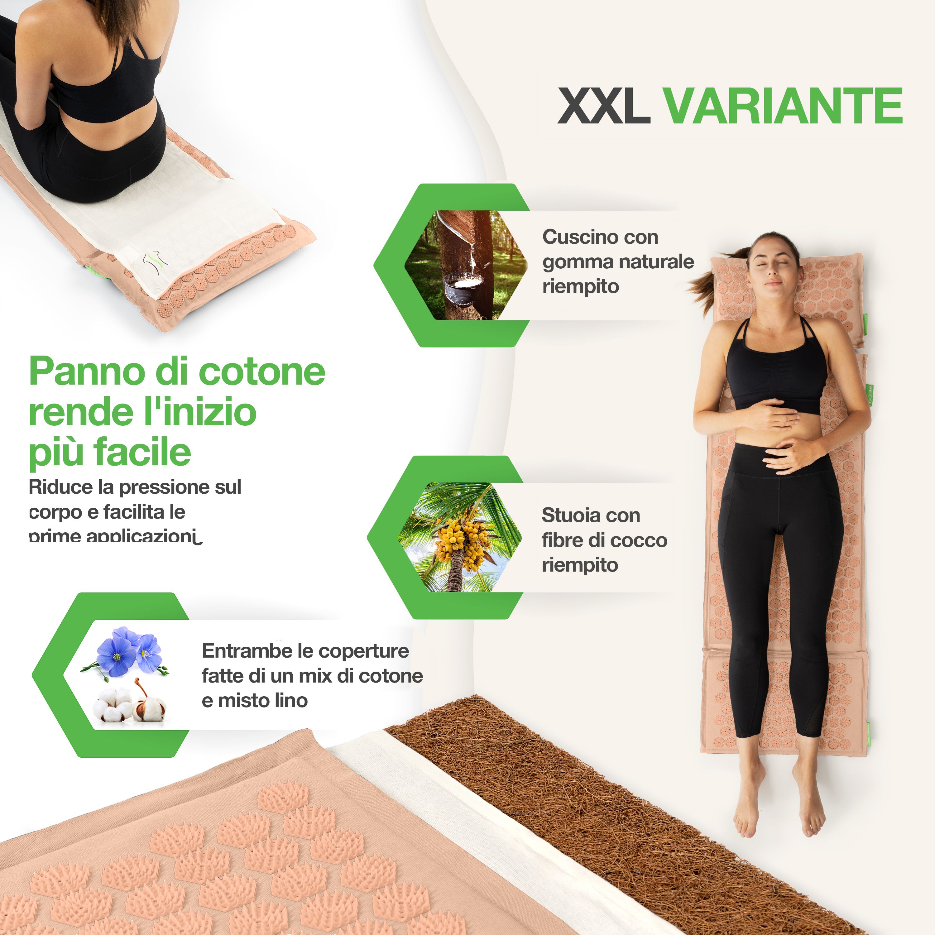 Donna sul tappetino per digitopressione. Testo: Tessuto di cotone, fibre di cocco. Cuscino in gomma naturale. Variante XXL.