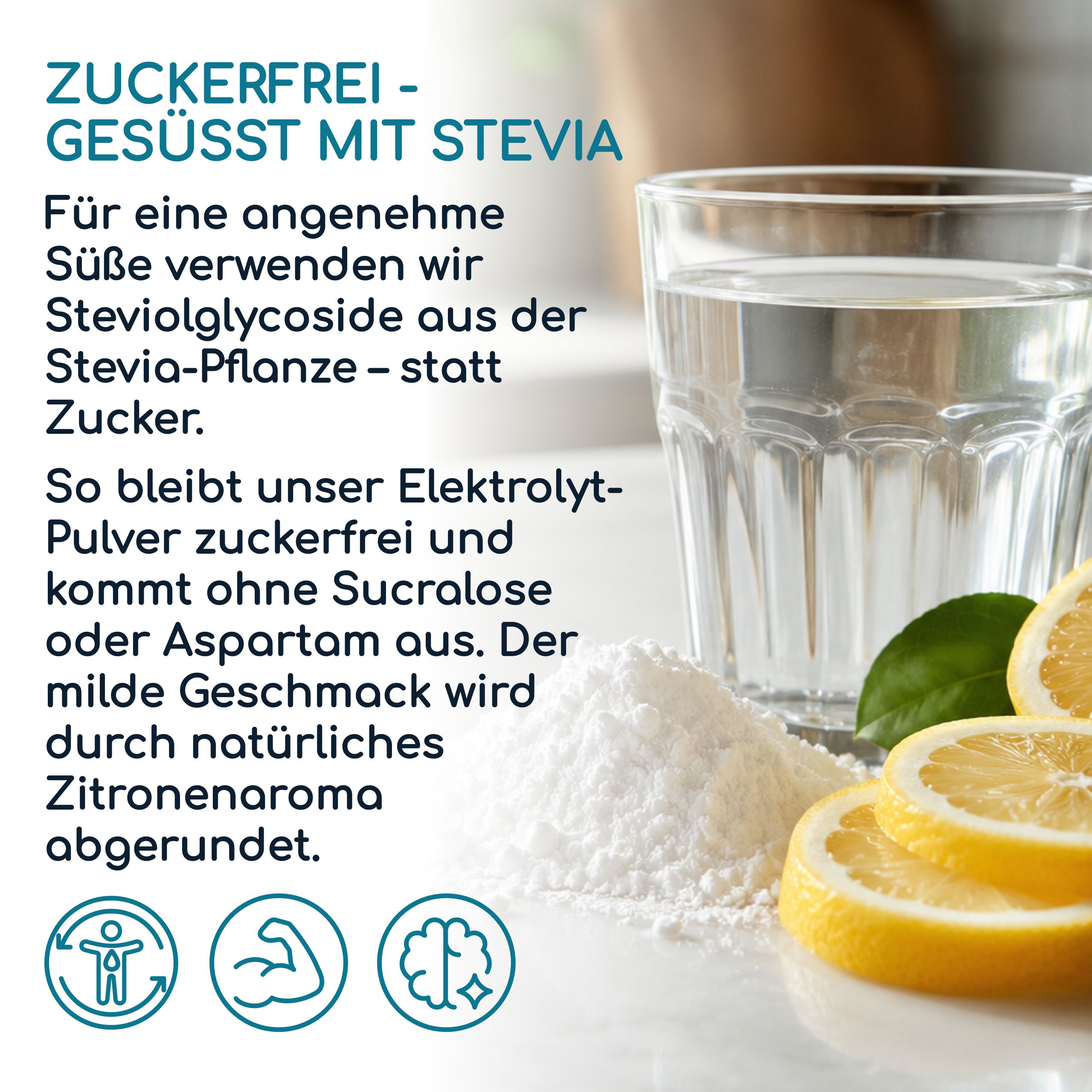 Zuckerfreies Elektrolytpulver mit Stevia, Zitrone und Icons für Gesundheit, Muskeln und Gehirn.