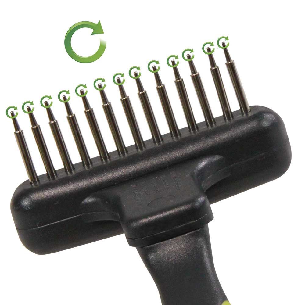 Hunde-Entfilzungs-Harke mit 20 Zinken. Schwarzer Griff. Zinken mit Drehfunktion.