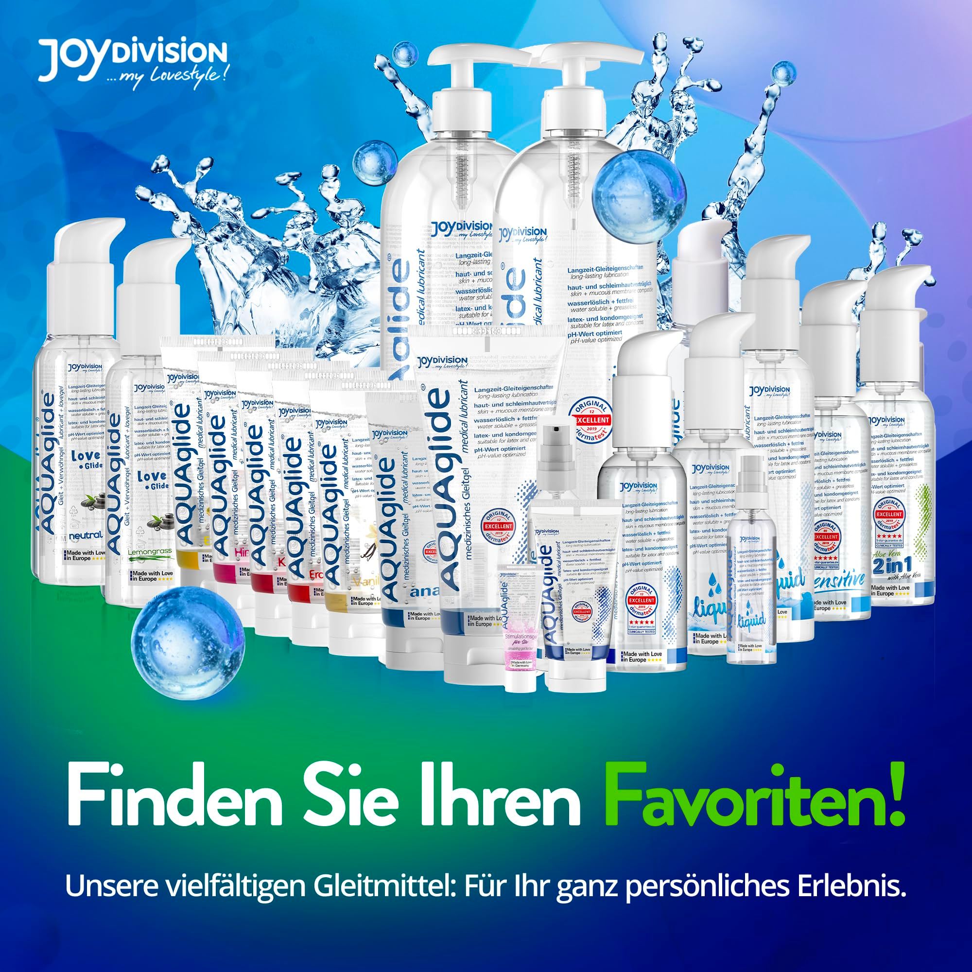 Vielfältige AQUAGLIDE Gleitmittel-Kollektion.