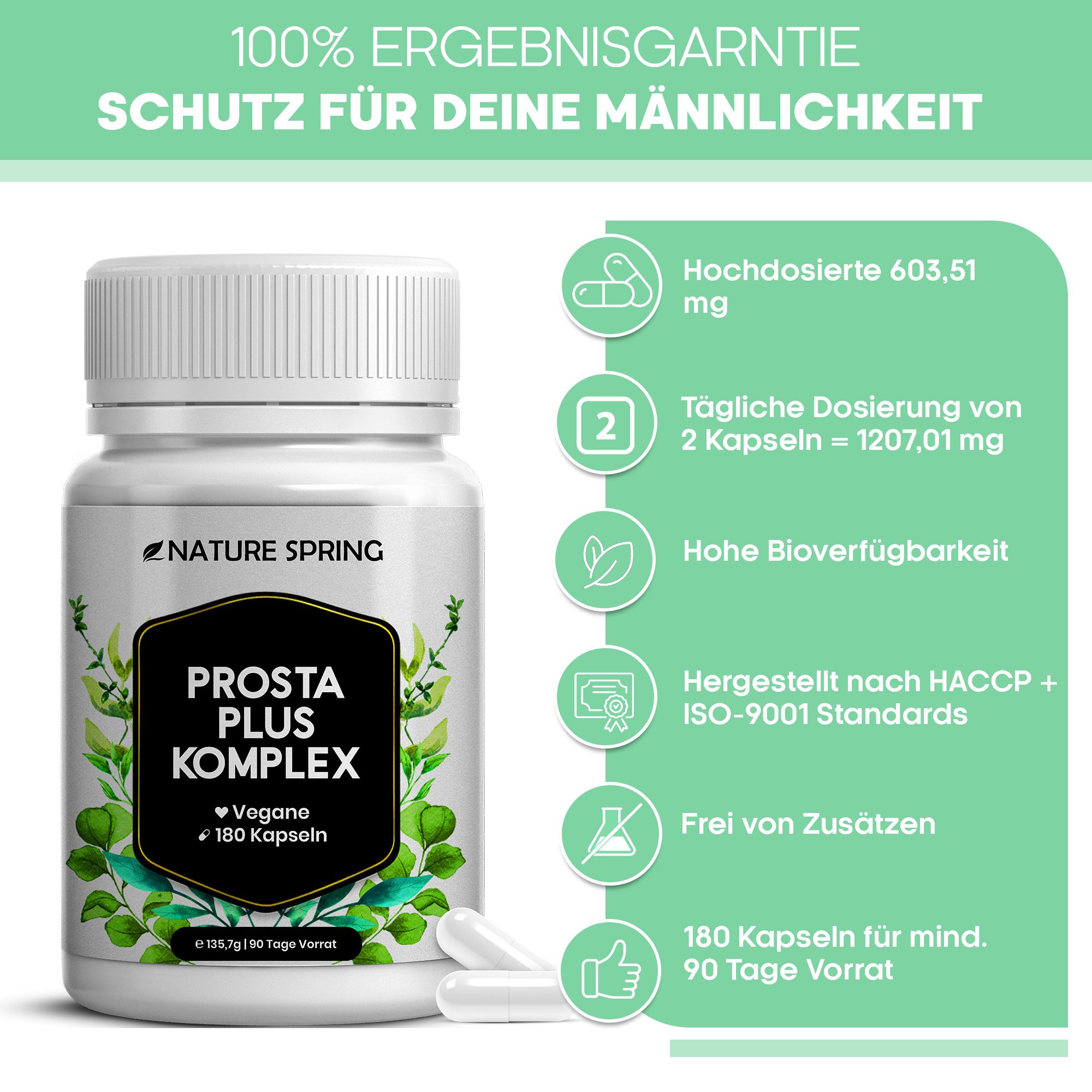 Nature Spring Prosta Plus Komplex: Behälter mit Informationen zu Dosierung, Bioverfügbarkeit und Zertifizierung.