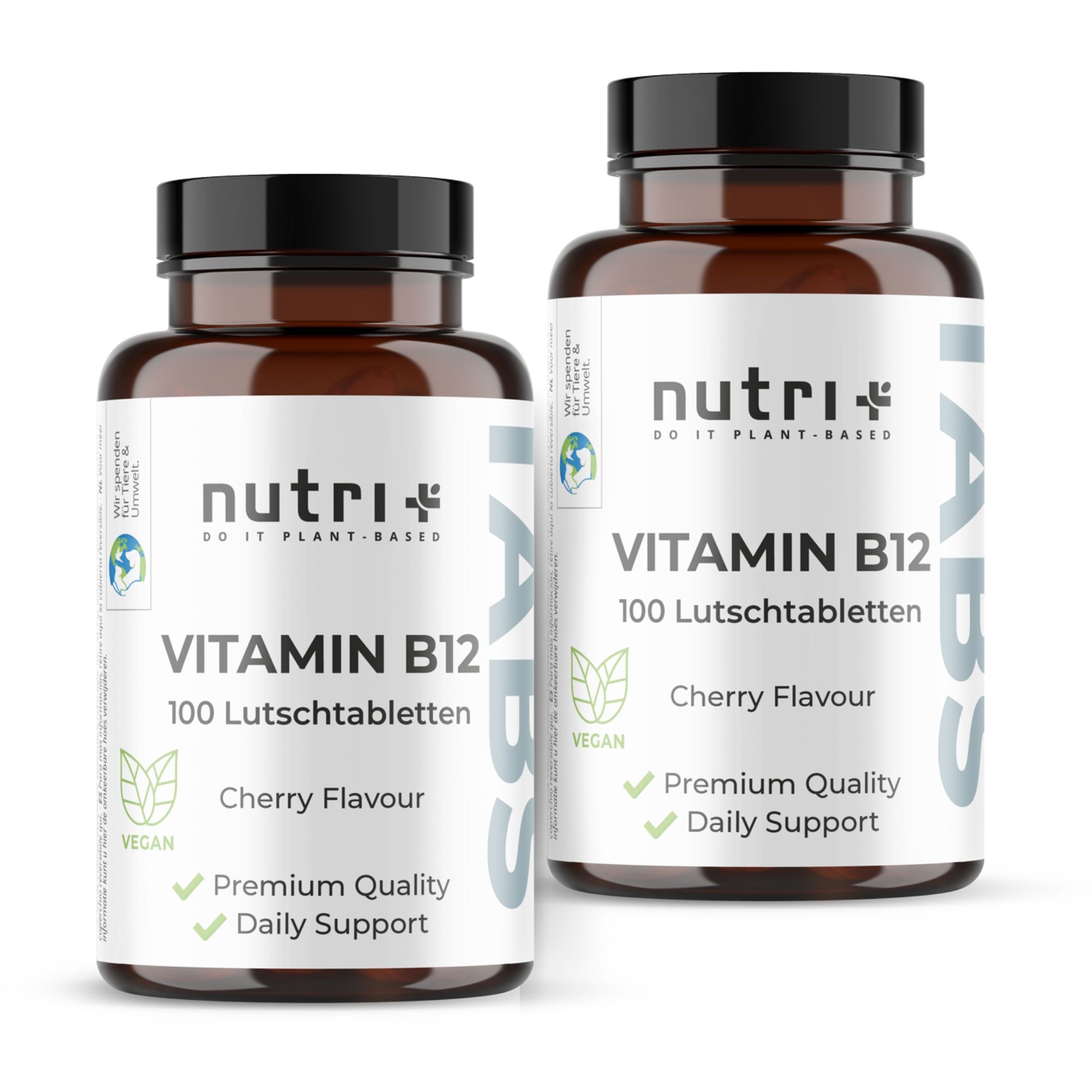 Flasche mit 100 veganen Vitamin B12 Lutschtabletten, Kirschgeschmack, Premium Qualität.