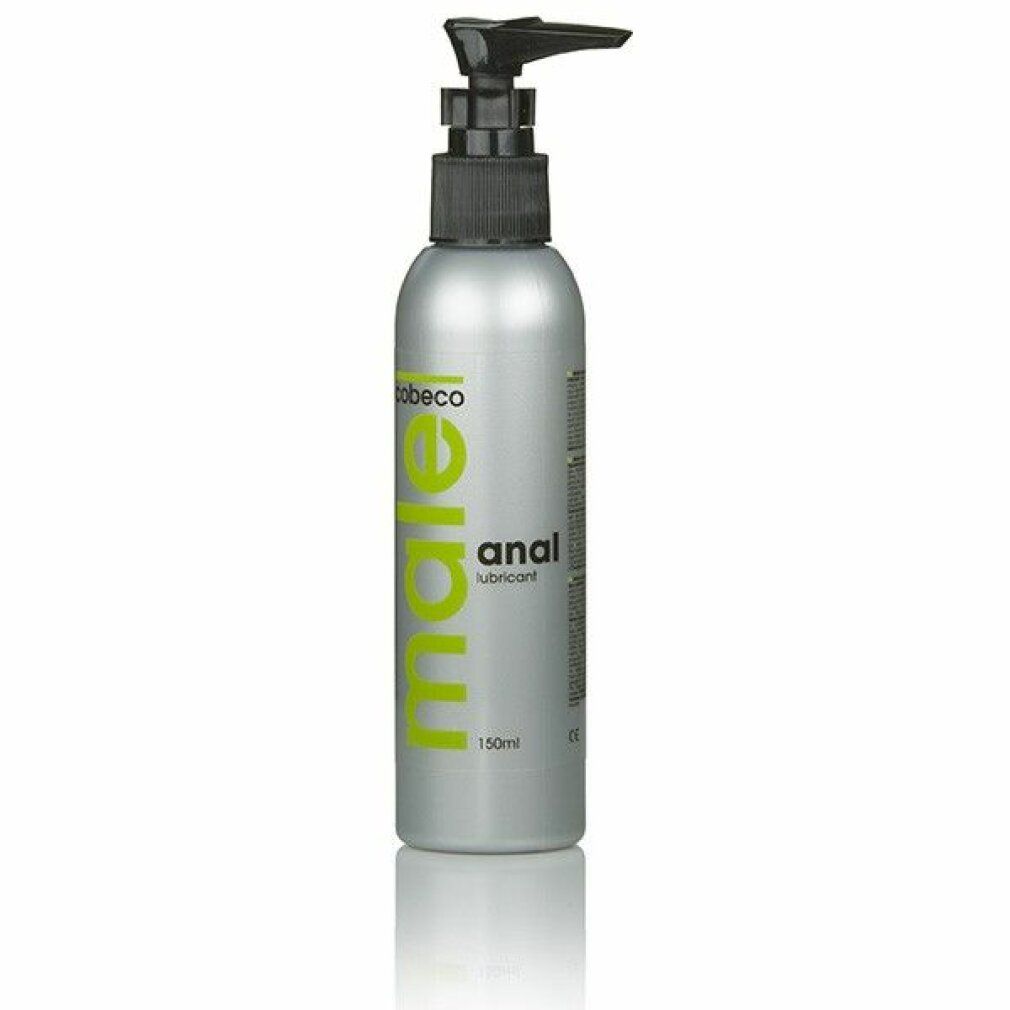 Silberne Flasche mit schwarzem Pumpkopf. Aufschrift: male anal lubricant. Marke: Cobeco.