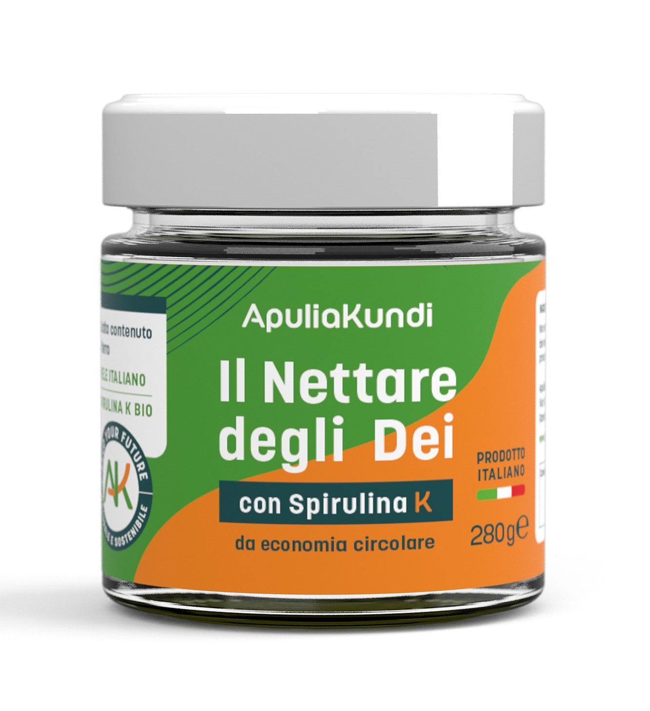Barattolo di vetro con coperchio bianco. Scritta: Il Nettare degli Dei con Spirulina K. Etichetta con ApuliaKundi e prodotto italiano.