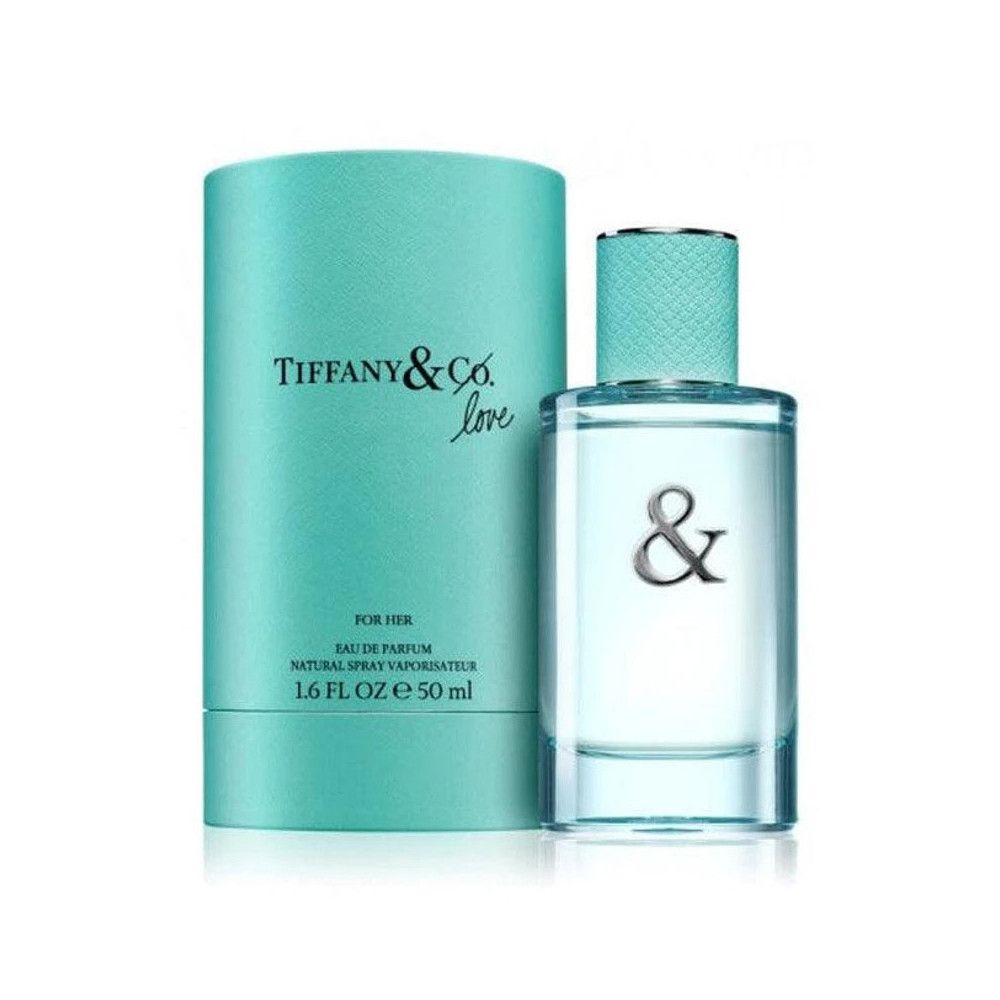 Türkisfarbene Verpackung und Flakon. Flakon mit silbernem & Zeichen. Aufschrift: Tiffany & Co. Love, For Her, Eau de Parfum.