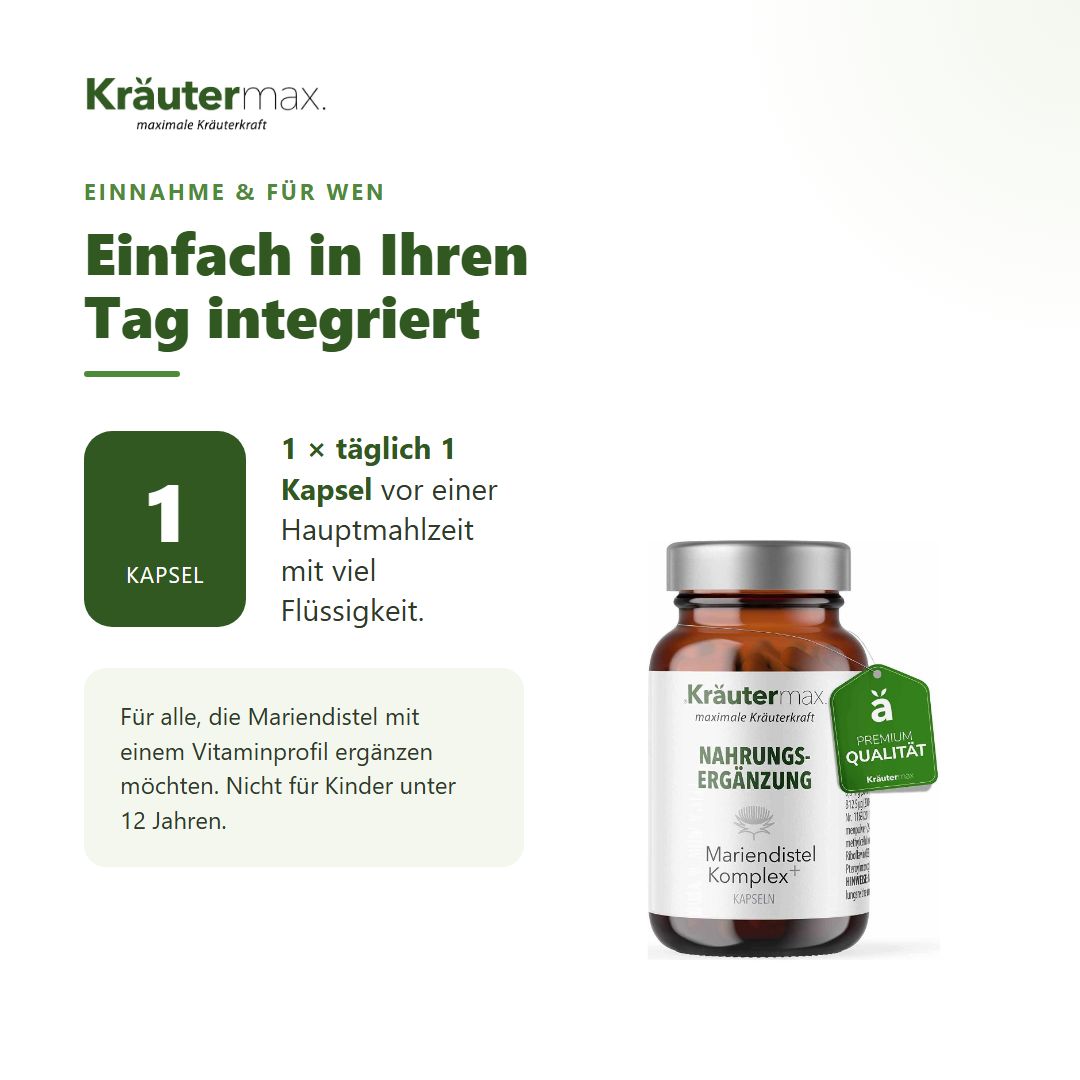 Liste der Qualitätsmerkmale von Kräutermax: Nach Originalrezeptur, 100% vegan, laktose- & glutenfrei.