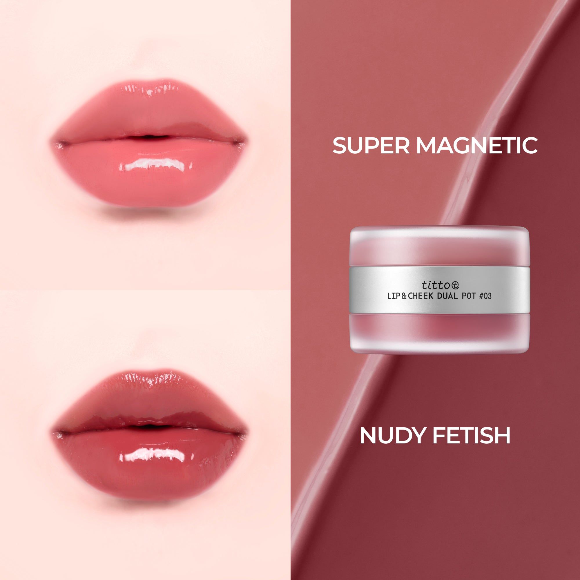 Zwei Lippenfarben und Lip & Cheek Dual Pot. Text: Super Magnetic, Nudy Fetish.