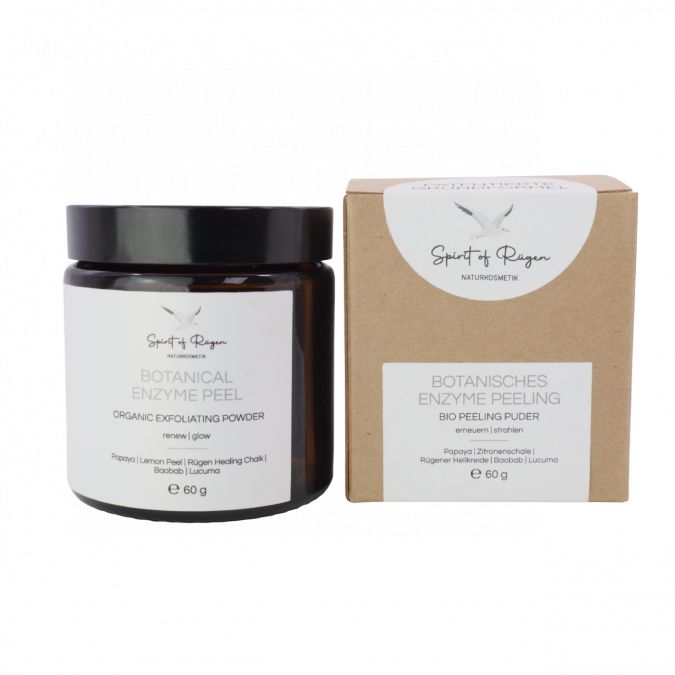 Braune Glasdose und Karton. Dose mit Etikett, Produktname und Inhaltsstoffen. Karton mit Produktname.