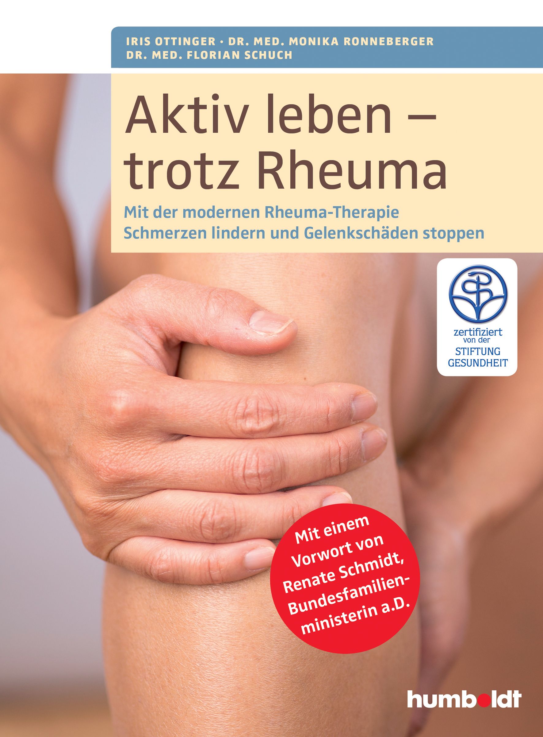 Buchcover: "Aktiv leben - trotz Rheuma". Titel, Autoren, Logo der Stiftung Gesundheit. Hand berührt Knie.