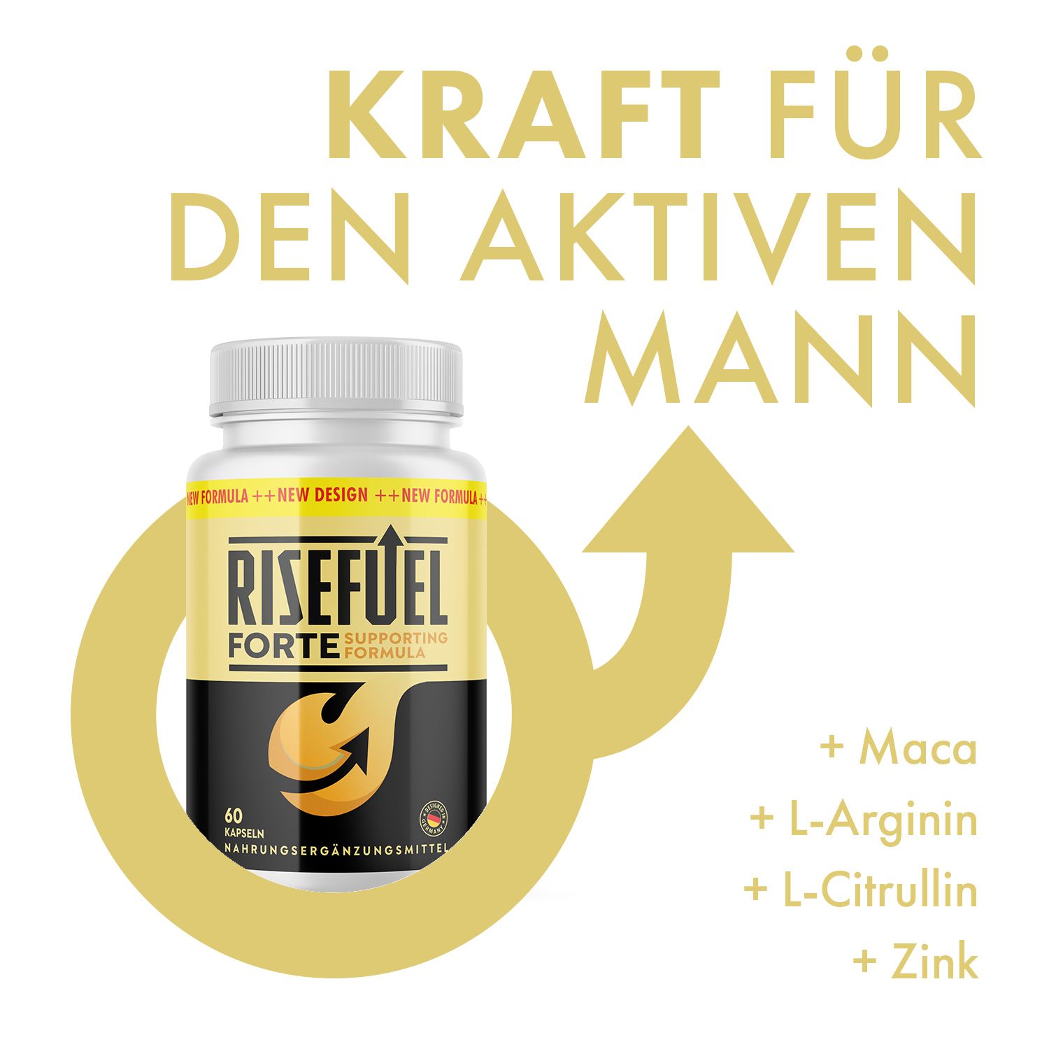 RISEFUEL FORTE Kapseln-Dose, gelb-schwarzes Etikett. Gelber Pfeil. Text: KRAFT FÜR DEN AKTIVEN MANN. Inhaltsstoffe: Maca, L-Arginin, L-Citrullin, Zink.