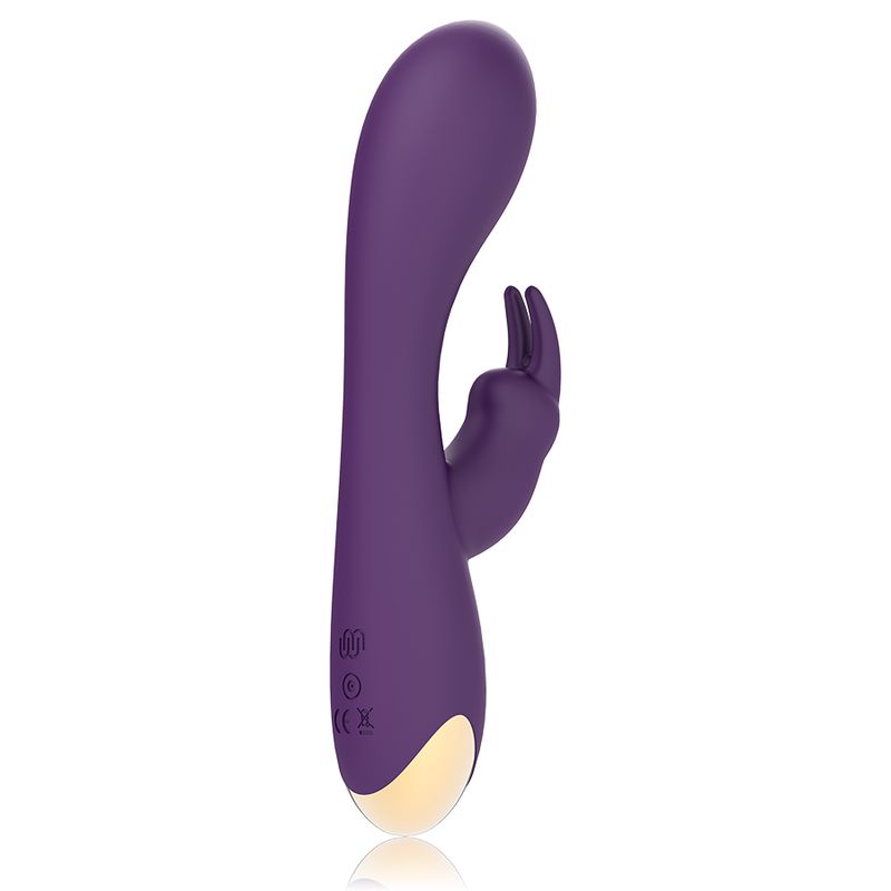 Lila Rabbit Vibrator. Ergonomisches Design mit gebogener Form und Kaninchenohren. Goldfarbener Bereich an der Basis.