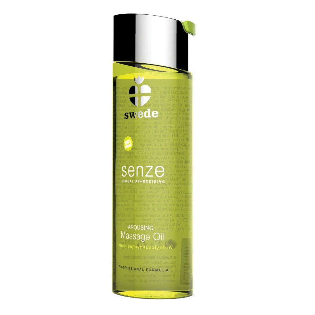 Grüne Flasche mit Massageöl. Aufschrift: Swede, senze, Arousing Massage Oil. Deckel silberfarben.