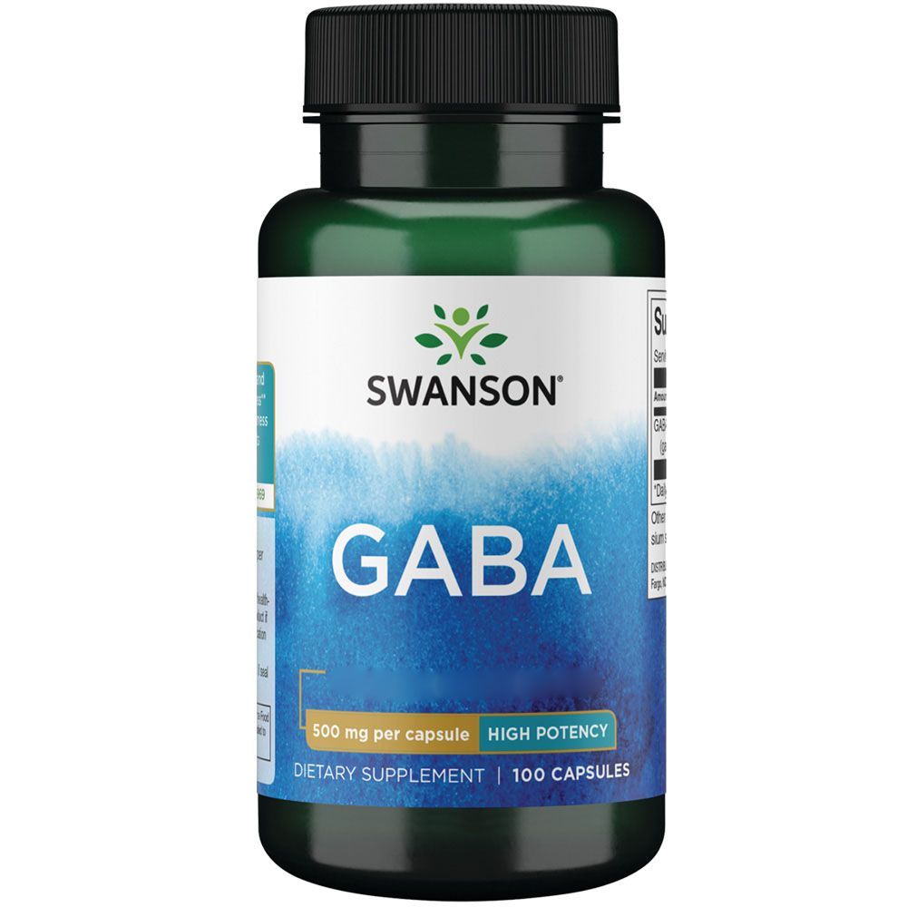 Grüne Flasche mit schwarzen Deckel. Aufschrift: Swanson GABA, 500mg pro Kapsel, 100 Kapseln. Nahrungsergänzungsmittel.