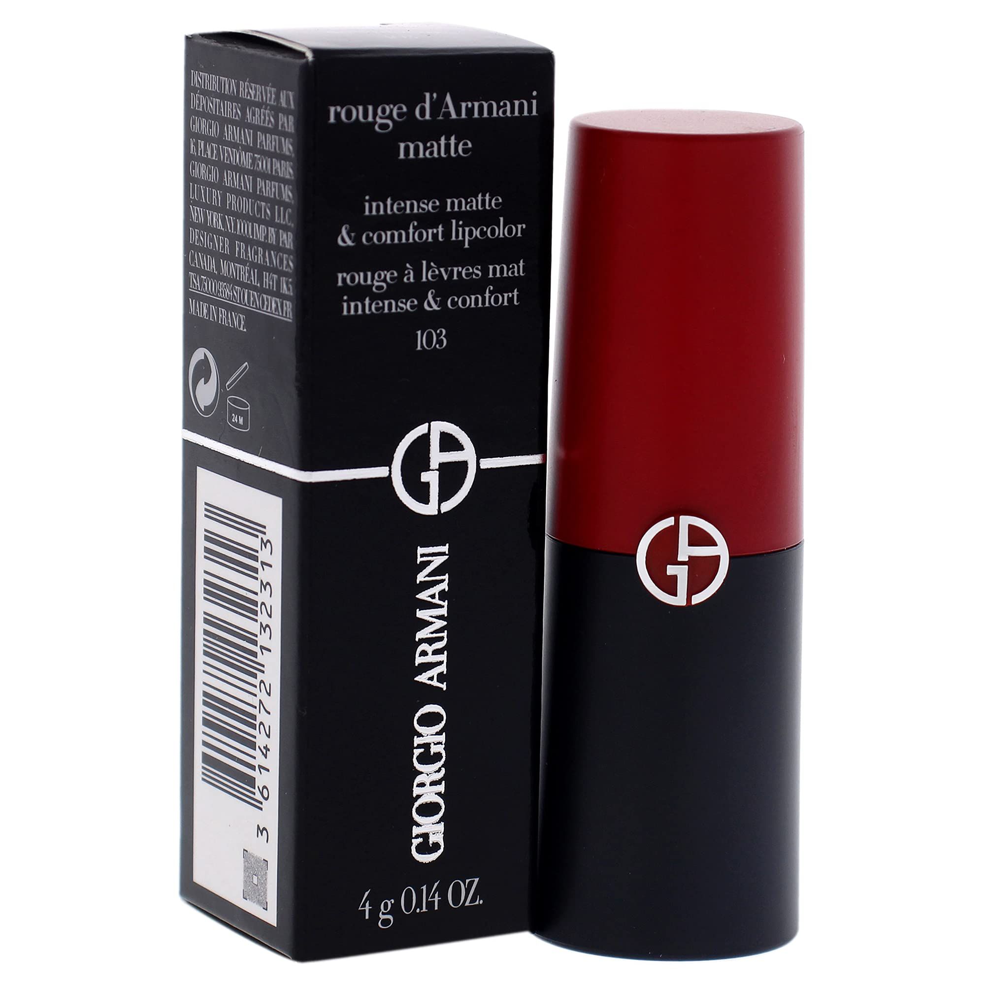 Lippenstift und Verpackung. Schwarze Verpackung, roter Lippenstift. Aufschrift: Giorgio Armani, Rouge d'Armani matte downtown 103.