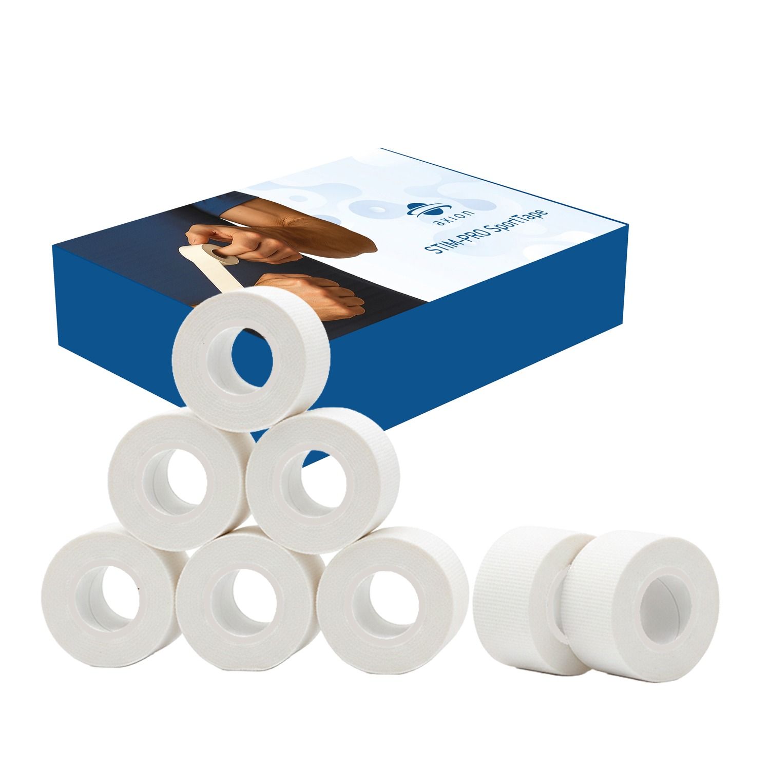 Mehrere Rollen weißes Sporttape. Eine Schachtel mit Produktinformationen im Hintergrund. Aufdruck: STEM-PRO SOLUTION.