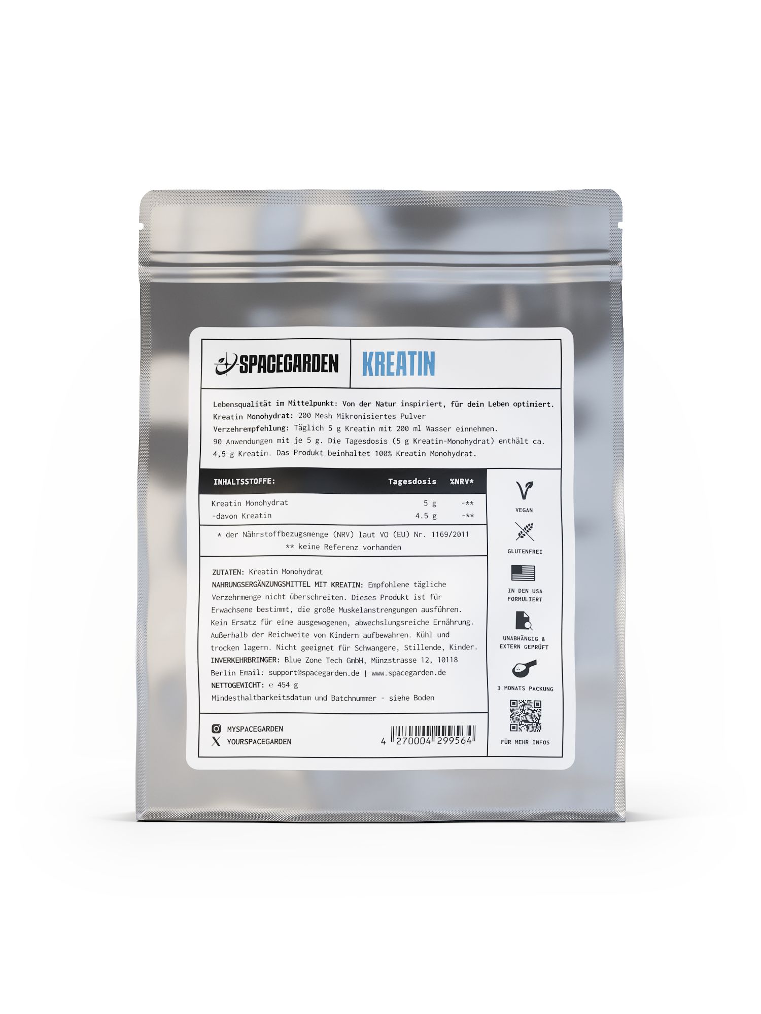 Silberfarbene Tüte mit Etikett. Aufschrift: Spacegarden, Kreatin, Kreatin Monohydrat, Inhaltsstoffe, 454 g.