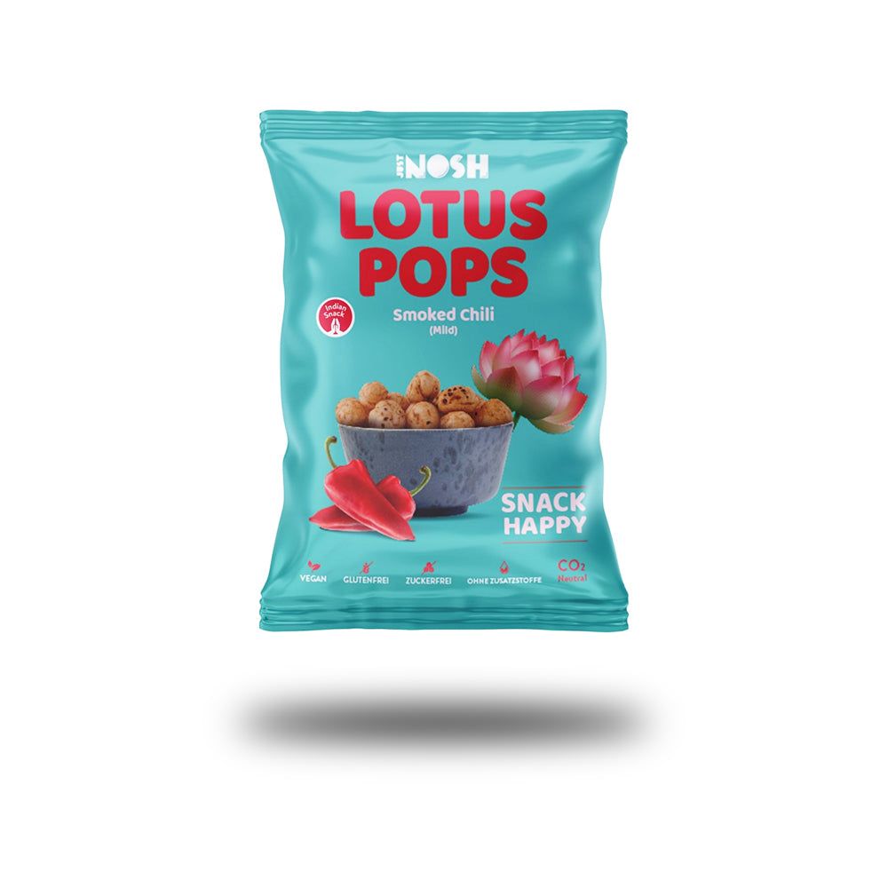 Türkisgrüne Tüte mit "INOSH LOTUS POPS Smoked Chili". Abbildung von Lotusblüte, Schale mit Snacks und Chilischoten.