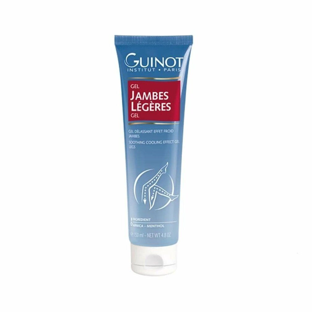 Blau-weiße Tube mit Produktaufschrift. Guinot Institut Paris, Gel Jambes Légères. Enthält Arnika und Menthol. 125 ml.