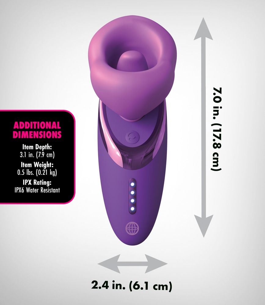 Lila Pleasure Sucker mit Größenangaben. Höhe: 7,0 Zoll (17,8 cm). Breite: 2,4 Zoll (6,1 cm). Wasserdicht IPX6.