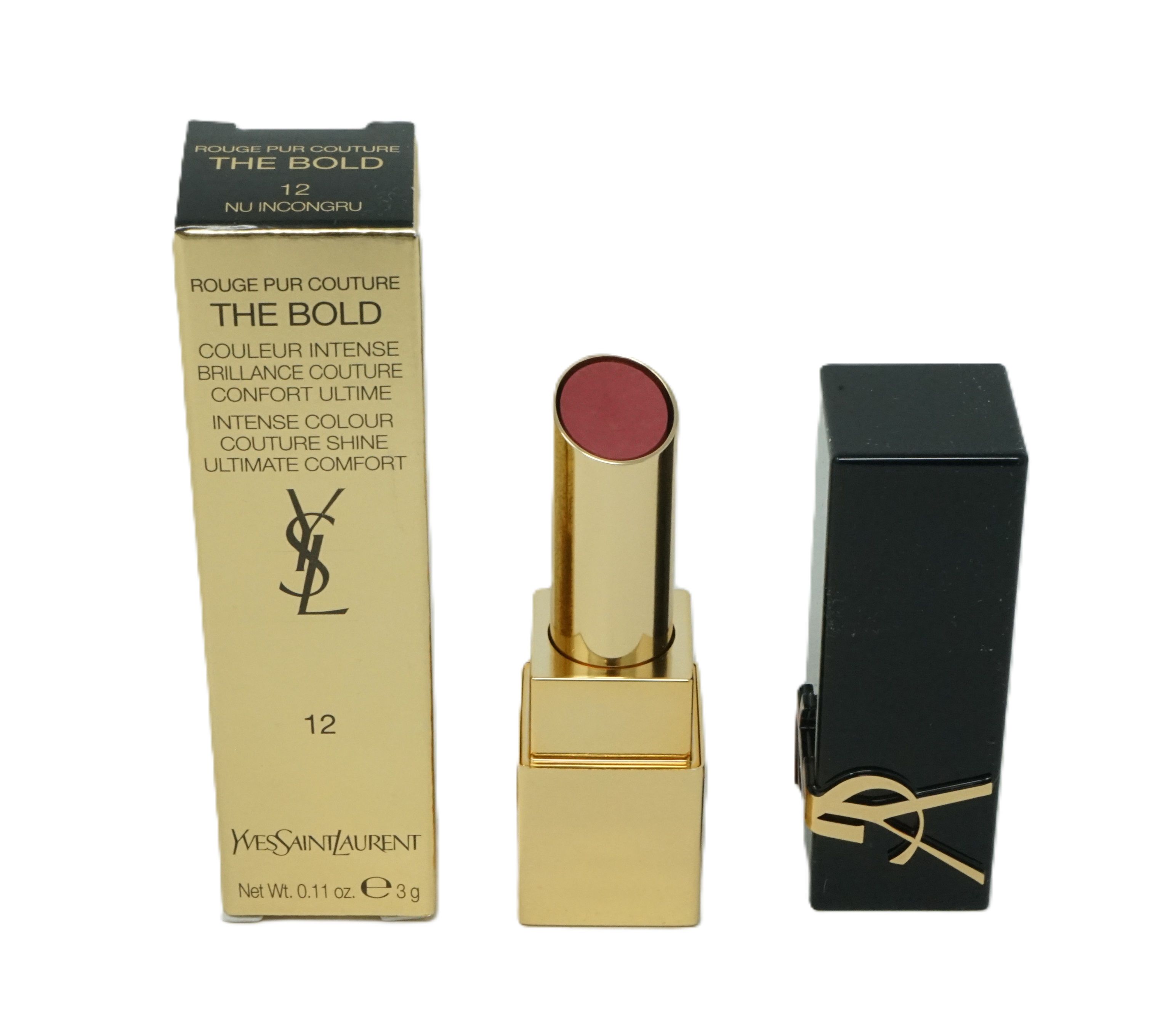 Goldene Verpackung, goldener Lippenstift und schwarze Kappe. Lippenstift mit roter Spitze. YSL-Logo und Produktbezeichnung.