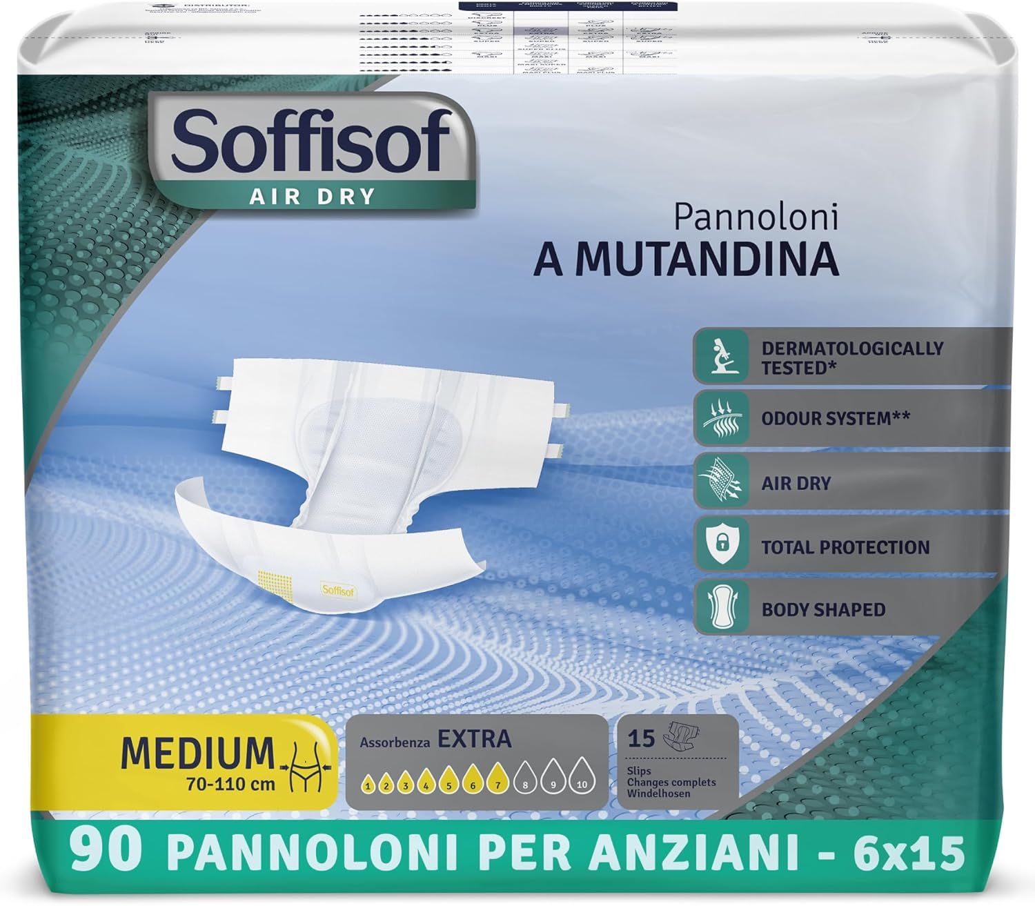 Verpackung mit Soffisof Air Dry Windeln für Erwachsene Extra. Größe Medium, 70-110 cm. 90 Stück.