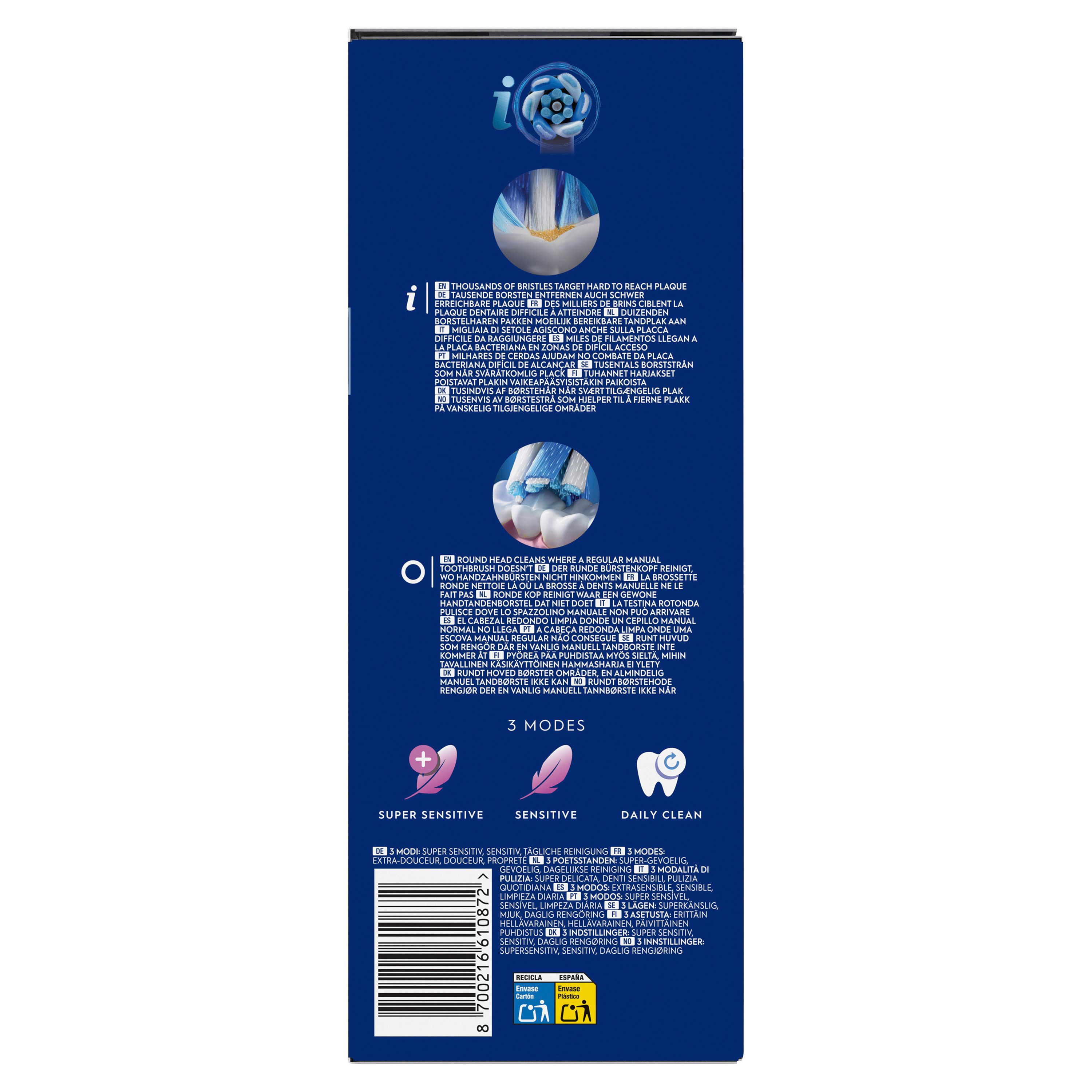 Rückseite der Verpackung. Text und Symbole. 3 Modi: Super Sensitiv, Sensitiv, Tägliche Reinigung. Informationen zur Zahnbürste.