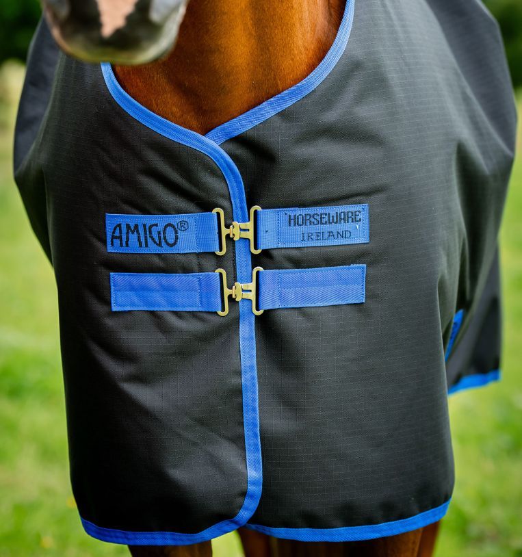 Nahaufnahme einer schwarzen Pferdedecke mit blauen Akzenten. Blaue Schnallen und Ränder. Markenname 'AMIGO' und 'Horseware Ireland'.