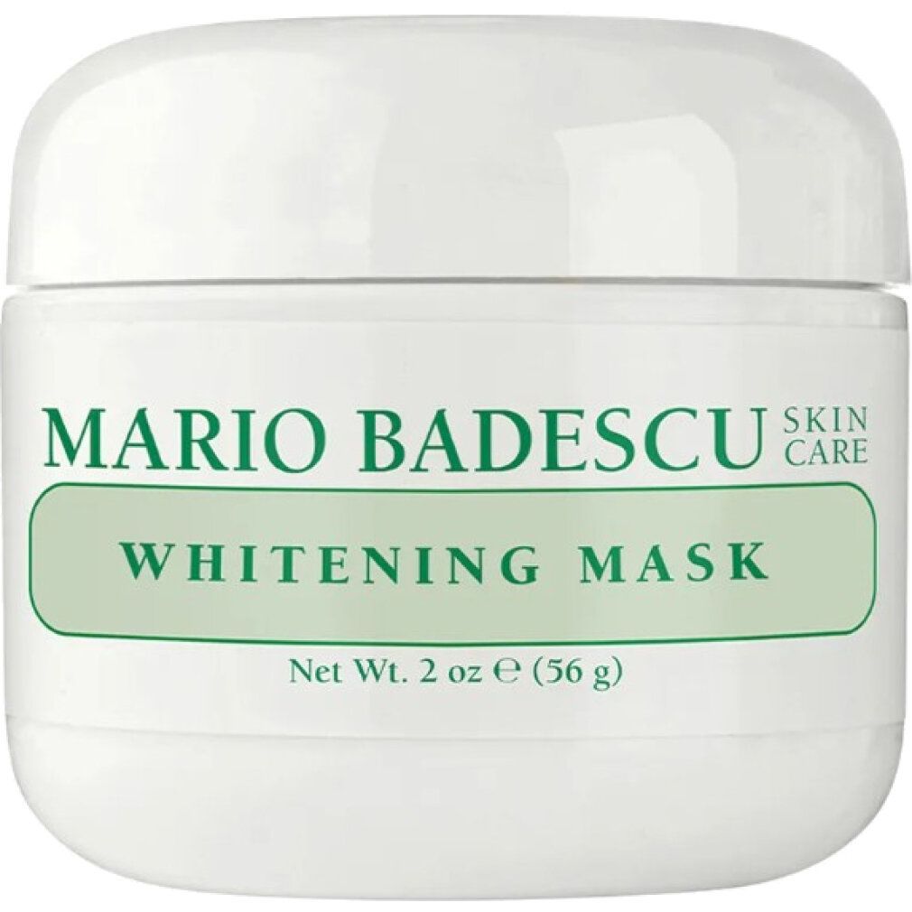 Weißer Tiegel mit grünem Etikett. Aufschrift: Mario Badescu, Whitening Mask. Nettoinhalt: 2 oz (56 g).