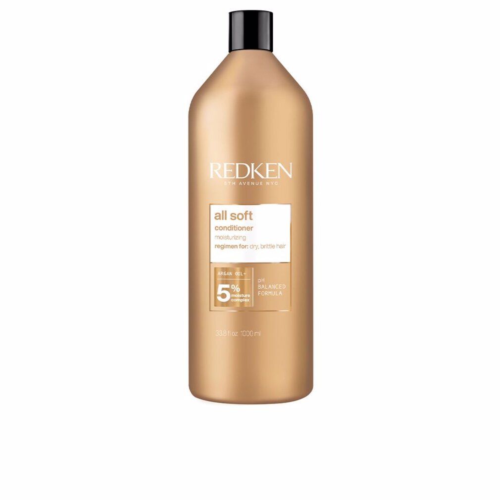 Goldfarbene Flasche Redken All Soft Conditioner. Schwarzer Deckel. Produktbezeichnung und Inhaltsstoffe auf Etikett.