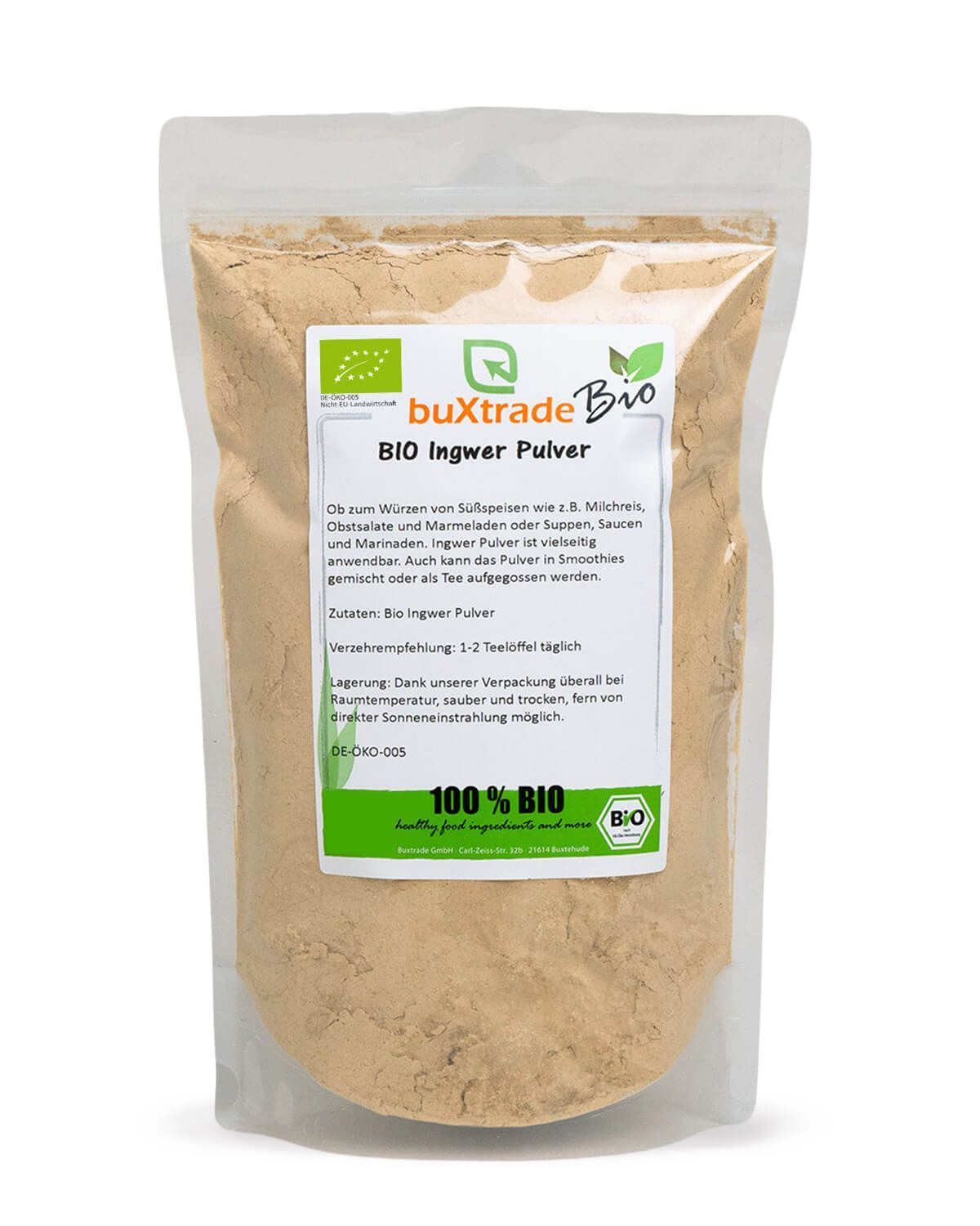 Verpackung mit buxtrade Bio Ingwer Pulver, 100% Bio-Siegel.