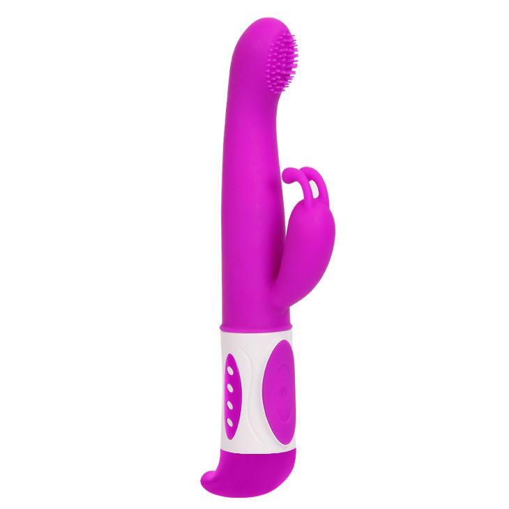 Lila Vibrator mit weißem Griff. Bürstenkopf, zwei seitliche Elemente. Drei Knöpfe am Griff.