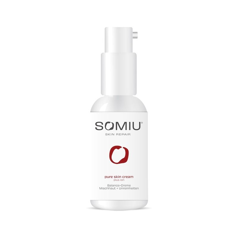 Weiße Flasche mit Pumpverschluss. Aufschrift: SOMIU SKIN REPAIR, pure skin cream plus ion. Roter Kreis mit O-Form.