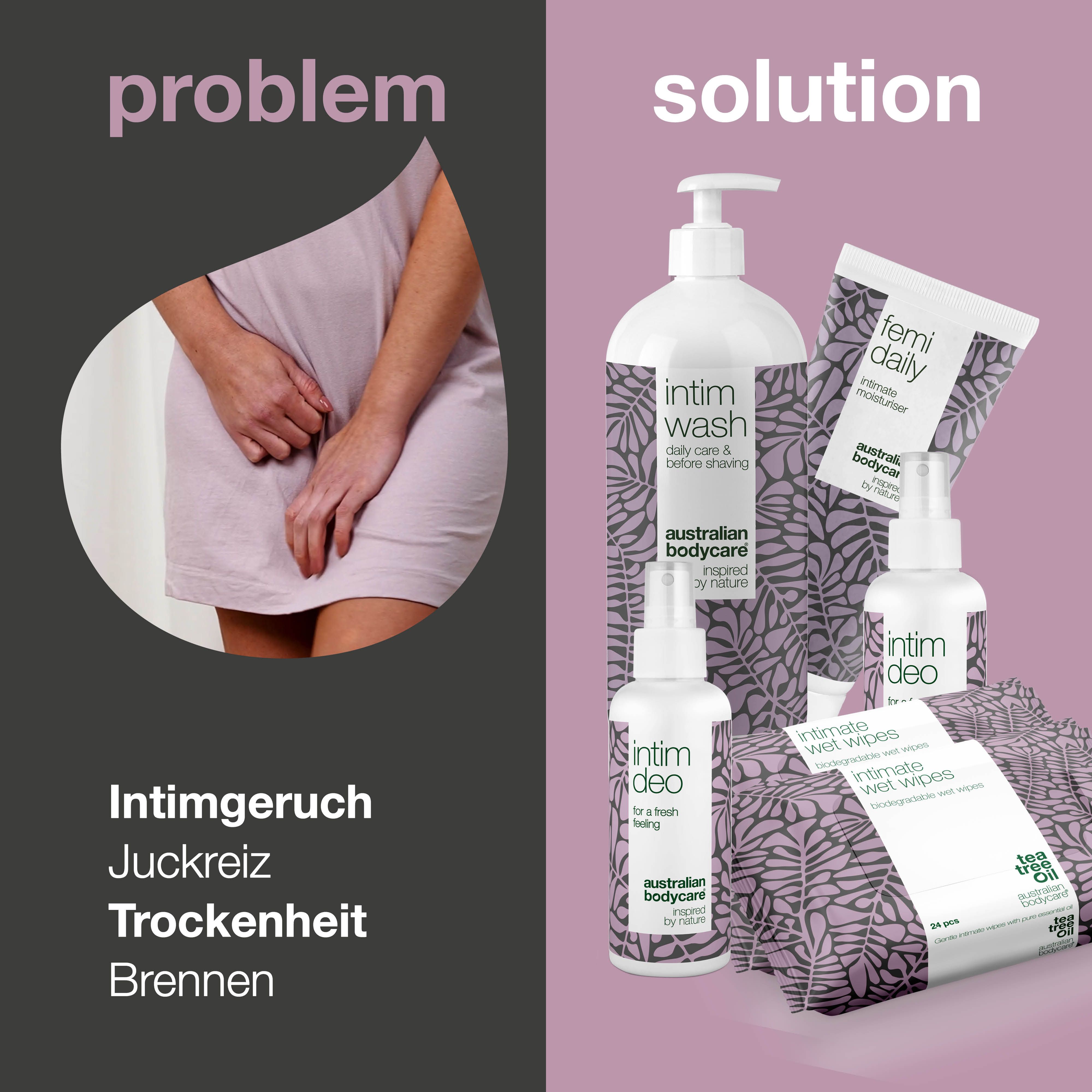 Vergleich von Problemen und Lösungen. Produkte: Intimwaschgel, Feuchtigkeitspflege, Deospray und Feuchttücher.