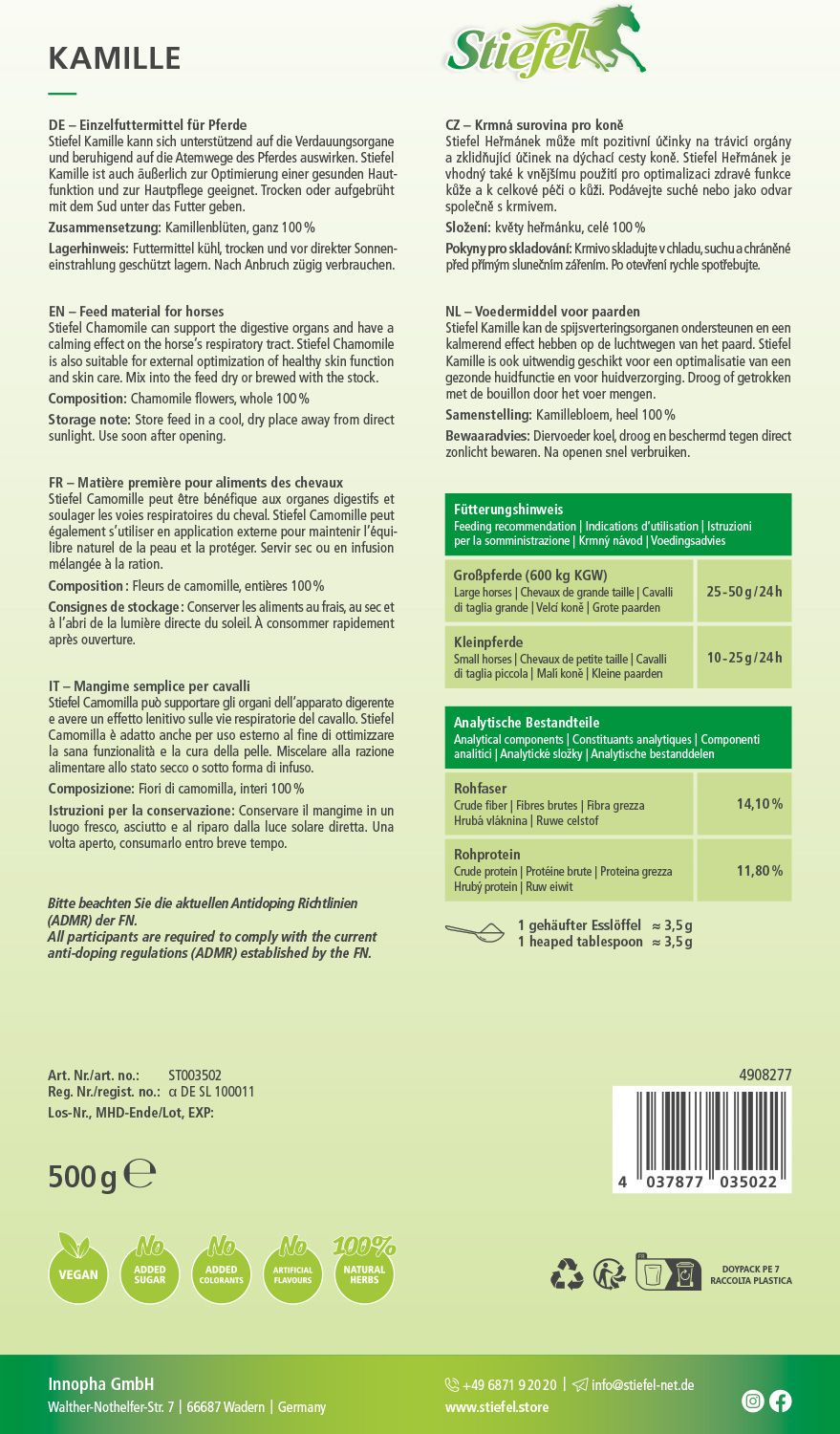 Rückseite der Stiefel Kamille Verpackung. Text in mehreren Sprachen, Inhaltsstoffe, Fütterungsempfehlungen und Nährwertangaben.