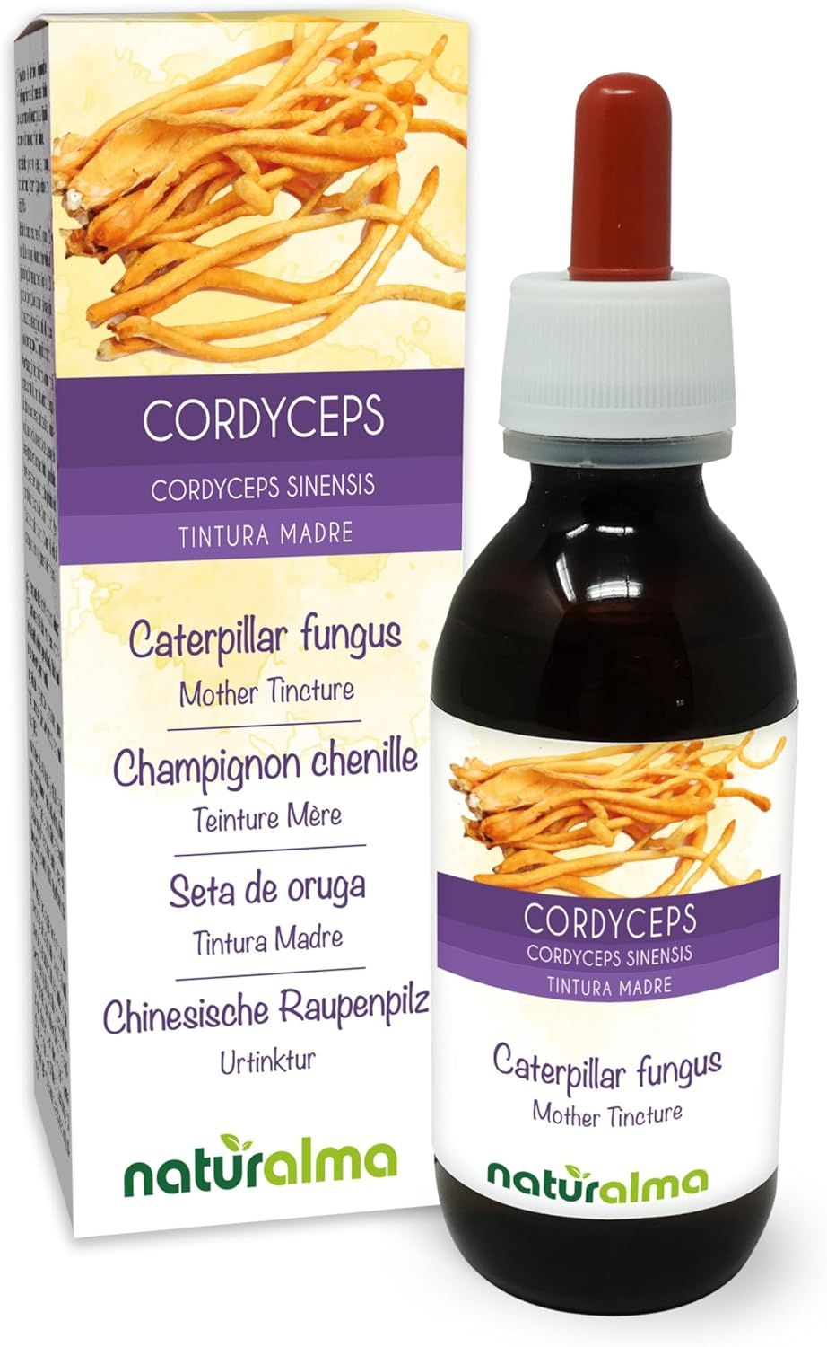 Produktflasche und Verpackung. Cordyceps-Extrakt. Braune Flüssigkeit. Braune Kappe. Naturalma-Logo. Mehrsprachige Texte.