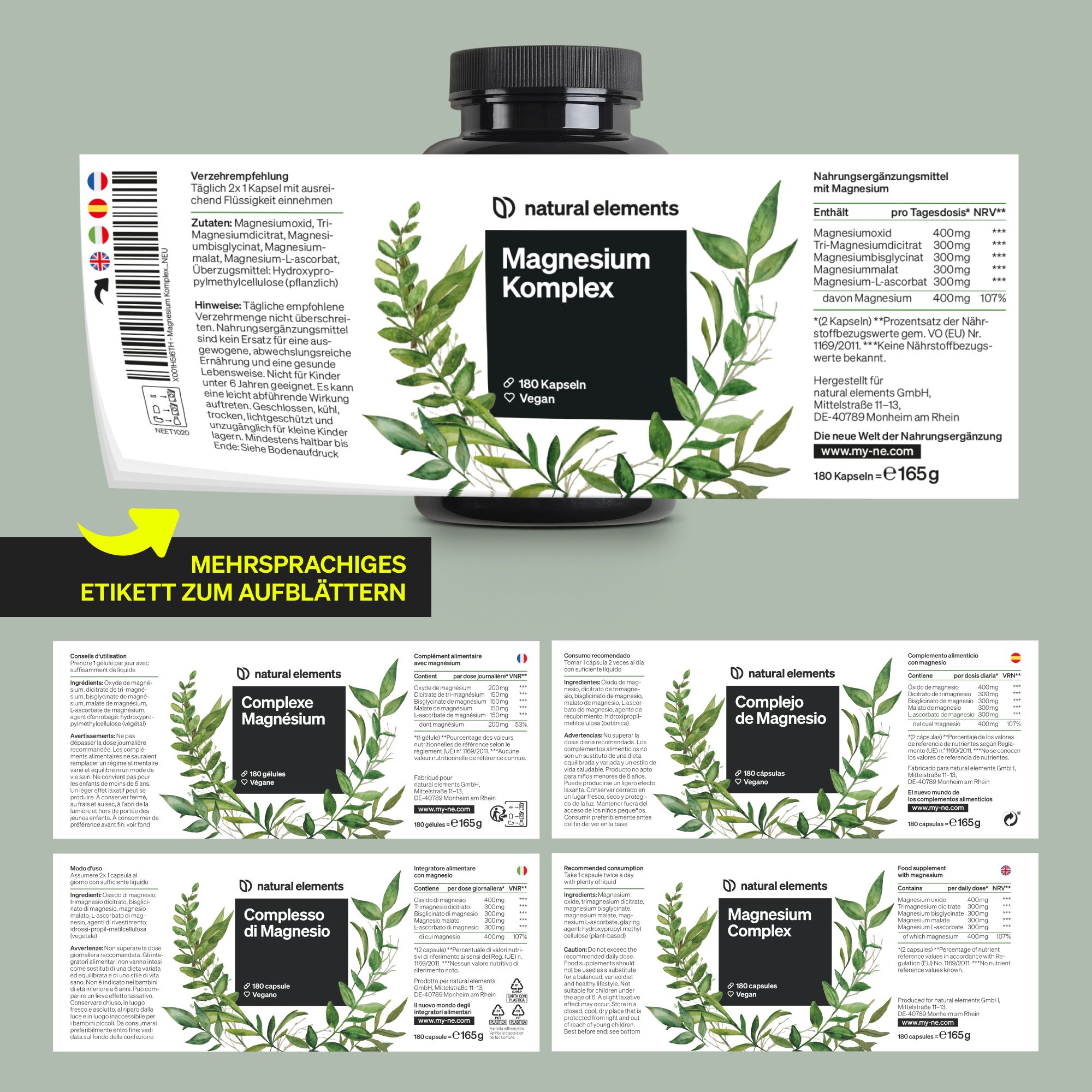 natural Magnesium Komplex – 5 hochwertige Verbindungen – 400mg elementares Magnesium pro Tagesdosis