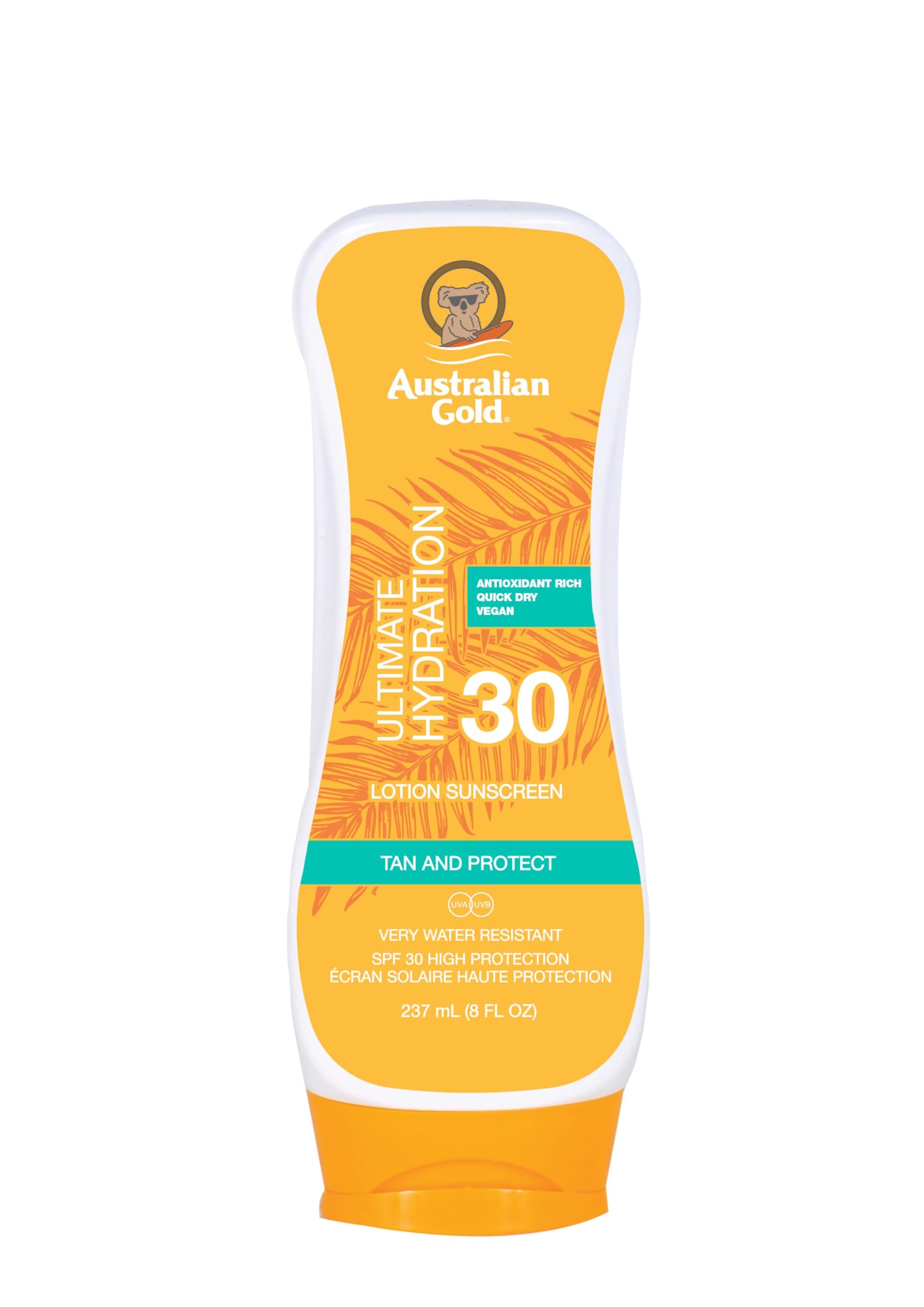Sonnenlotion mit SPF 30. Gelbe Flasche mit weißem Deckel. Text: Ultimate Hydration, Australian Gold, Tan and Protect.