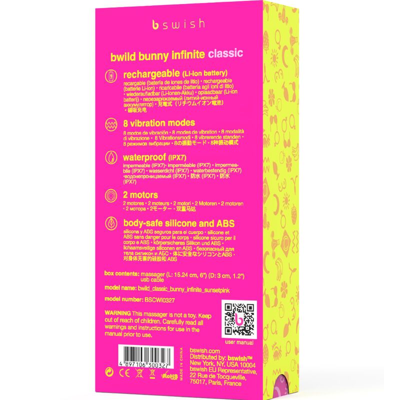 Produktverpackung. Aufschrift: bwild bunny infinite classic, bswish. Informationen zu Funktionen und Inhaltsstoffen.