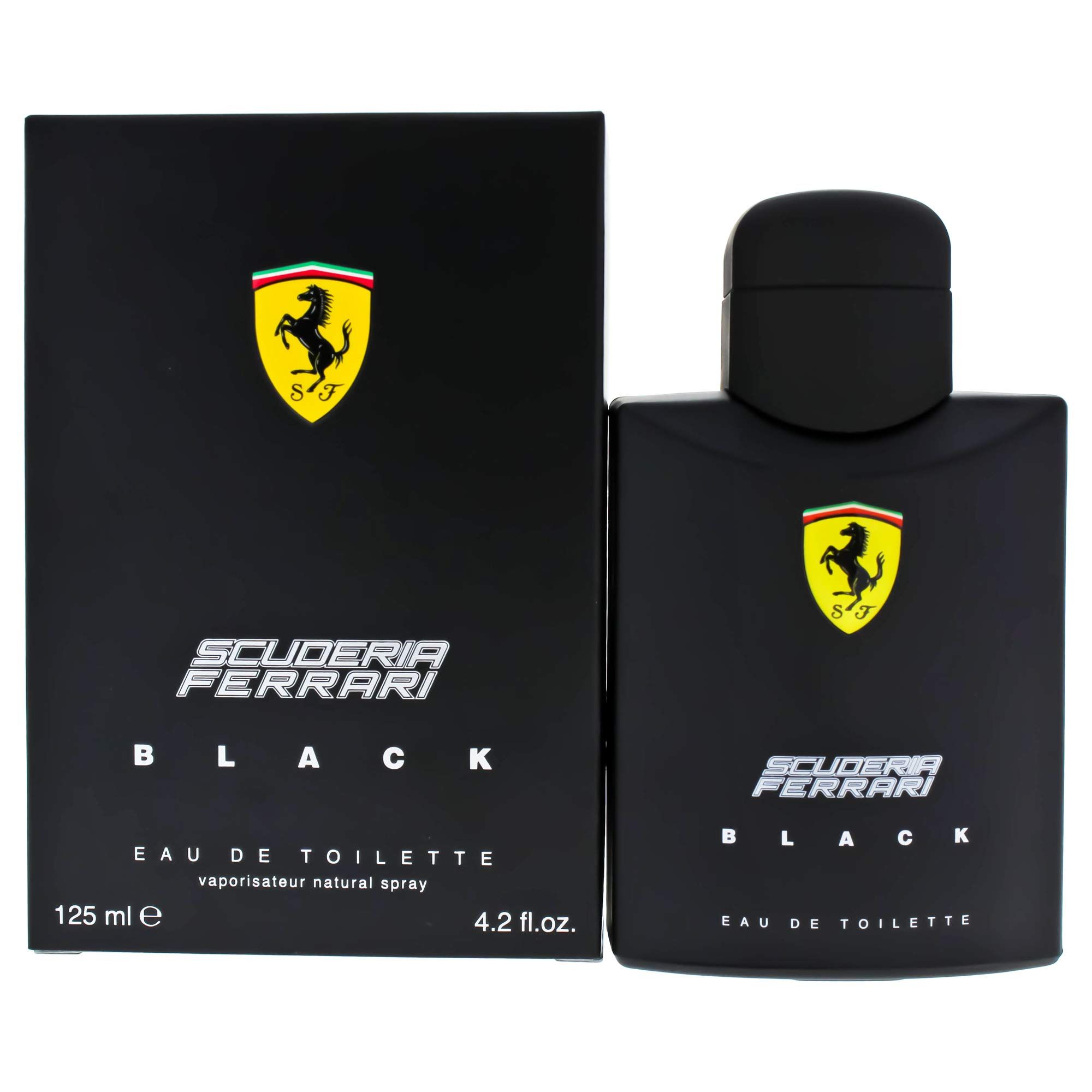 Schwarze Verpackung und Flakon. Scuderia Ferrari Black Eau de Toilette. Gelbes Logo. 125 ml.