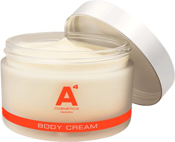 Geöffneter Cremebehälter mit weißem Deckel und orangefarbenem Streifen. Aufschrift: A4 Cosmetics, Body Cream.
