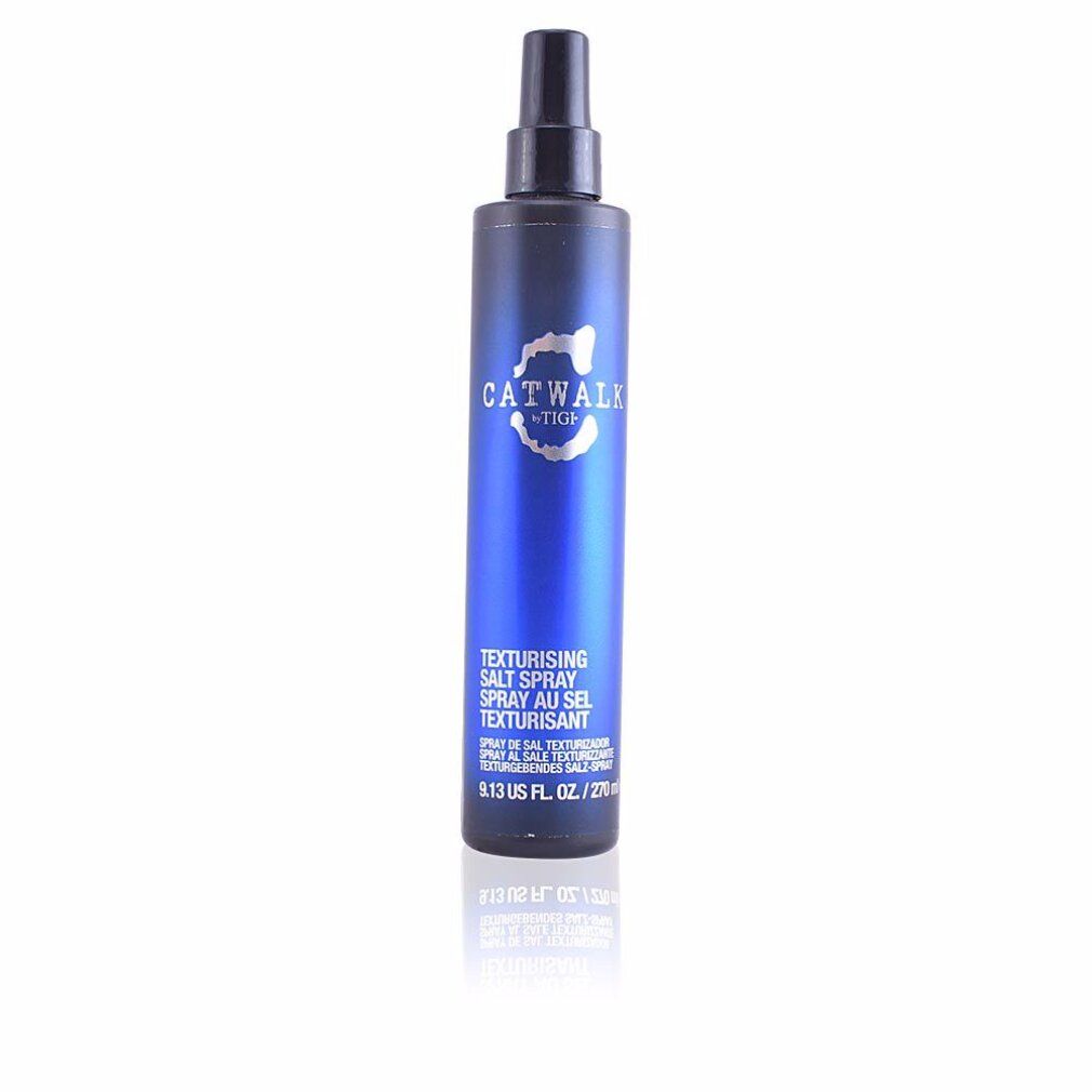 Blaue Sprühflasche mit schwarzem Sprühkopf. Aufschrift: CATWALK by TIGI. Texturgebendes Salz Spray.