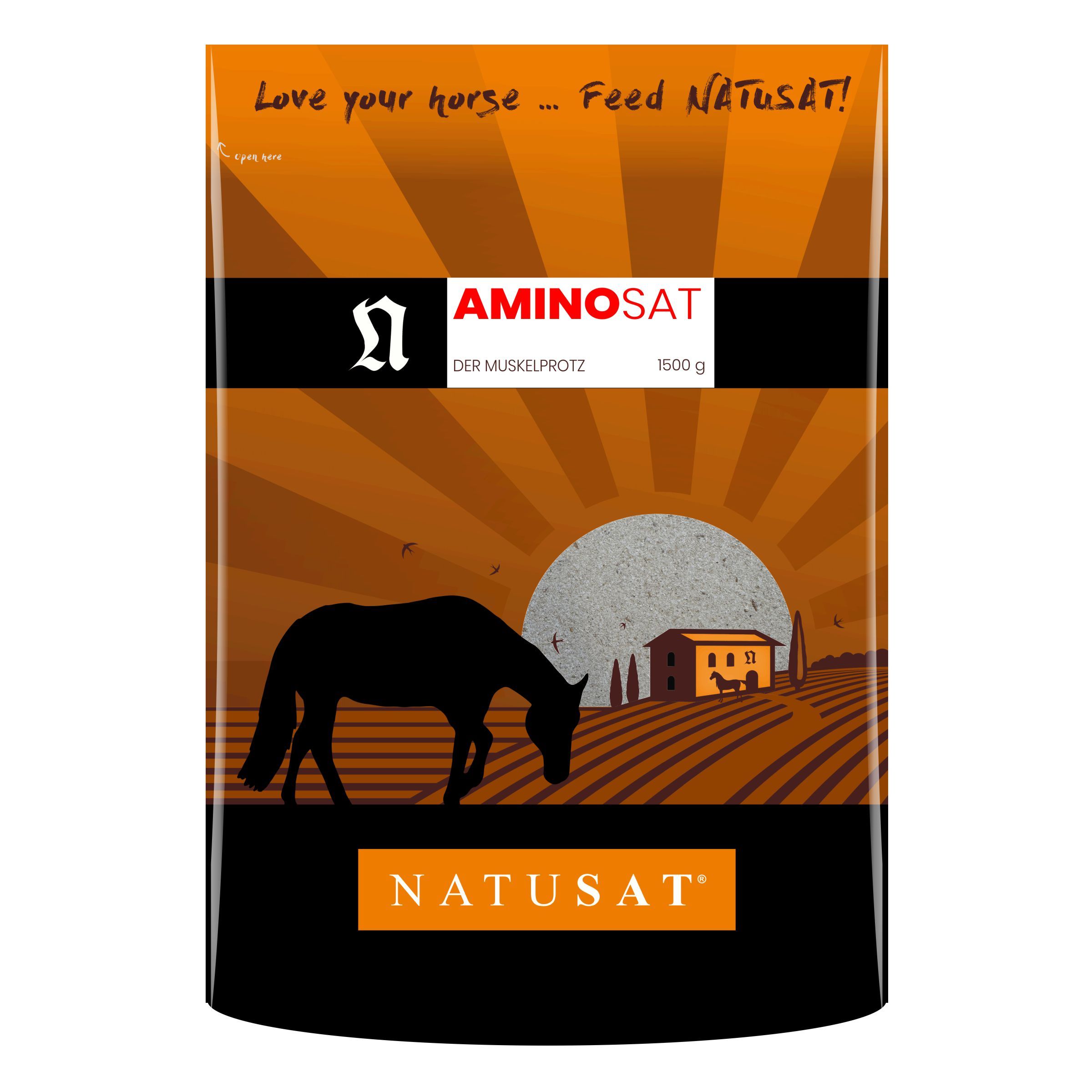 NATUSAT AMINOSAT Futterbeutel mit Pferd-Silhouette und Landschaftsmotiv. 1500g.