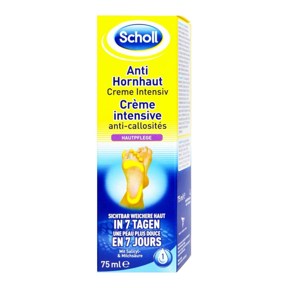 Scholl Anti-Hornhaut Creme Intensiv. Gelbe Verpackung mit Produktinformationen und Fußabbildung. 75 ml.