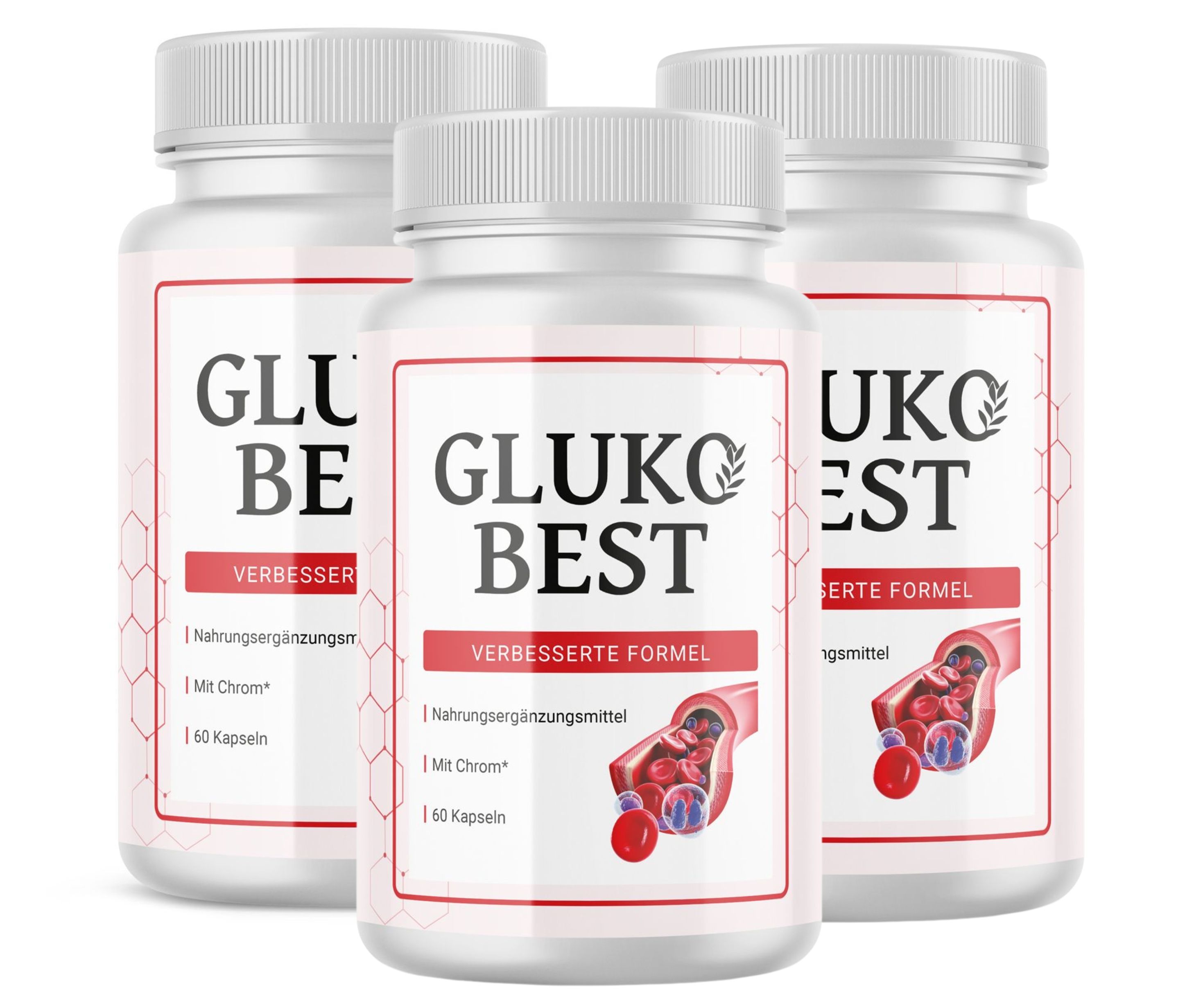 Drei weiße Flaschen mit Etiketten. Auf den Etiketten steht "GLUKO BEST" und "VERBESSERTE FORMEL". Nahrungsergänzungsmittel.