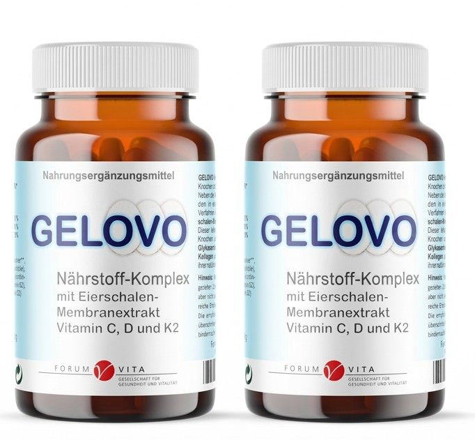 Zwei braune Flaschen mit weißen Deckeln. Auf den Etiketten steht "GELOVO" und "Nahrungsergänzungsmittel".